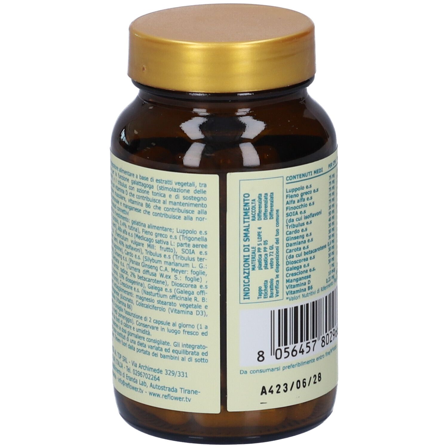 Retro del flacone con elenco ingredienti e raccomandazioni d'uso. Contiene informazioni sullo smaltimento.