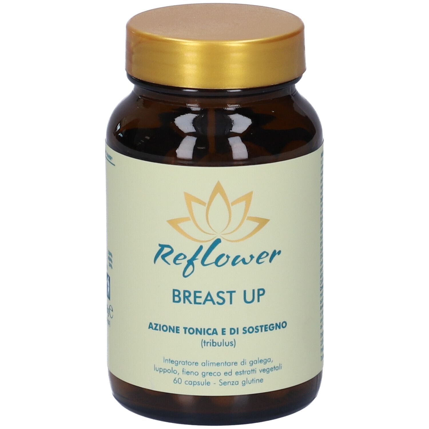 Flacone di vetro marrone con tappo dorato. Etichetta "Reflower Breast Up" e dettagli nutrizionali.