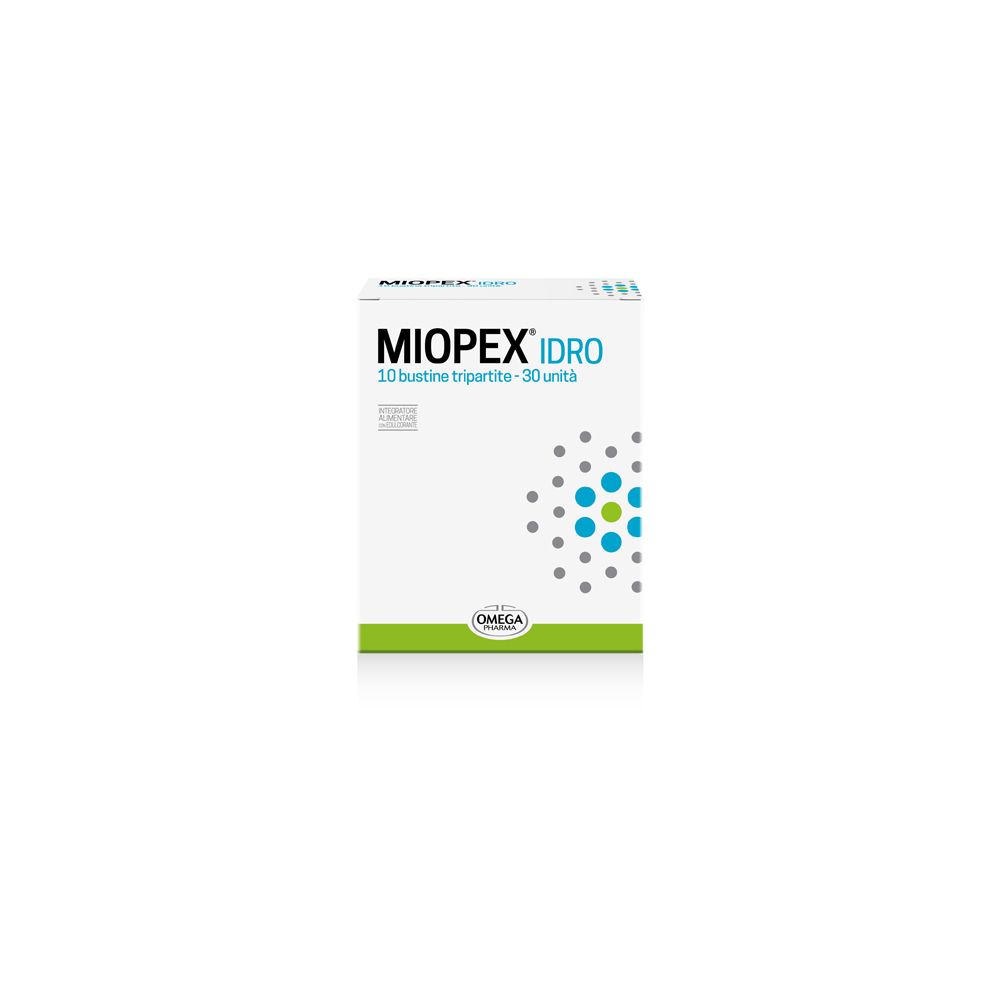 Scatola di Miopex® Idro Bustine. Scritta: Miopex® Idro, 10 bustine tripartite - 30 unità. Logo Omega Pharma.