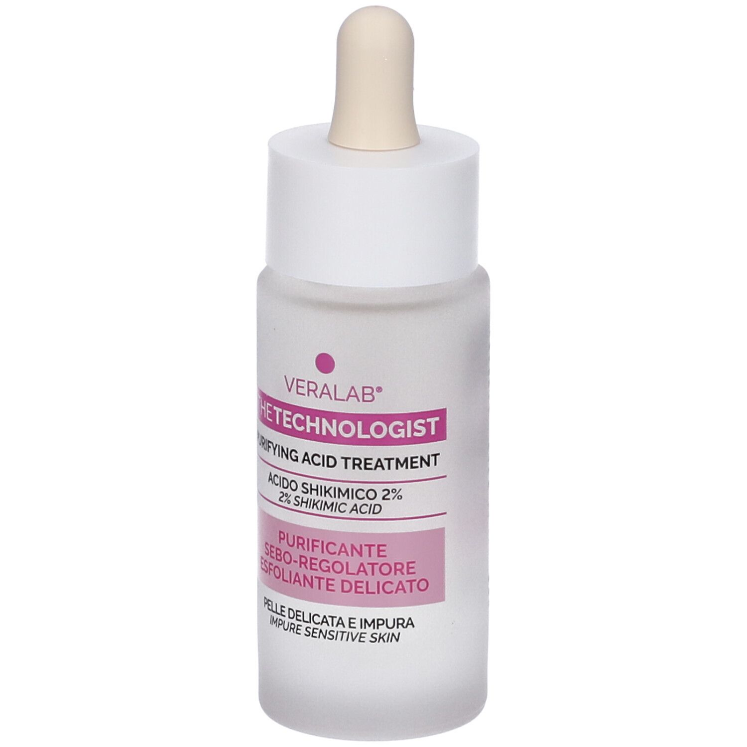 Flacone trasparente con tappo bianco e pipetta. Etichetta rosa con testo. VERALAB THE TECHNOLOGIST.