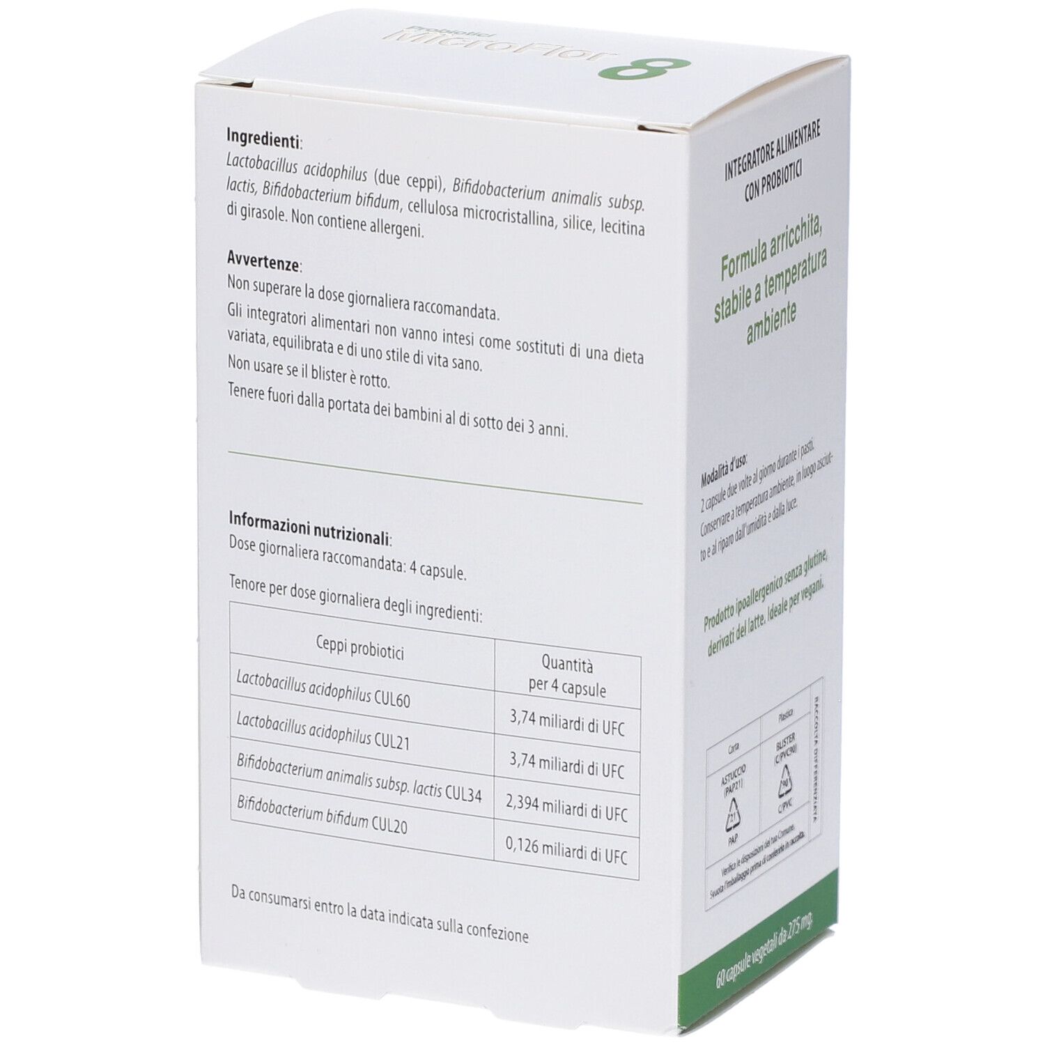 Scatola bianca, retro con ingredienti e informazioni nutrizionali. Contiene informazioni sui probiotici. Testo: 'Ingredienti', 'Informazioni nutrizionali'.