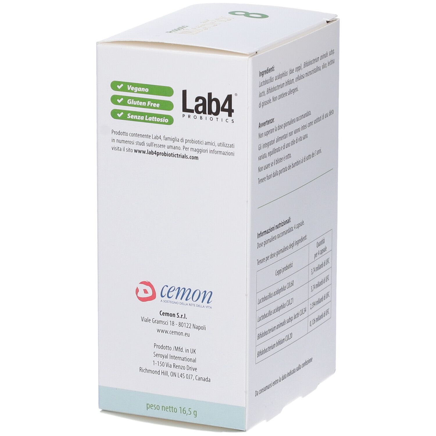 Scatola bianca con testo e loghi. Testo: 'Lab4', 'Probiotics'. Loghi: 'Cemon', 'Vegan', 'Gluten Free', 'Senza Lattosio'.