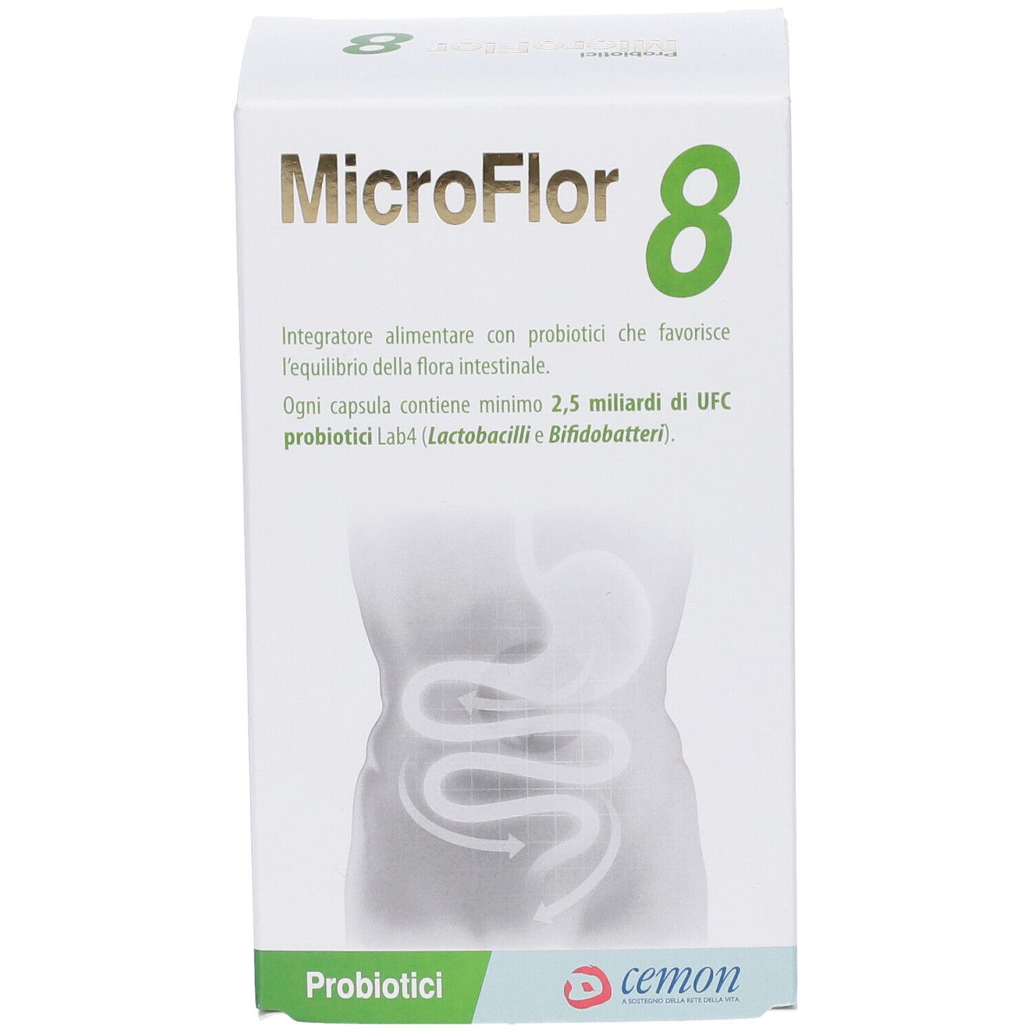Scatola bianca con nome prodotto 'Microflor 8'. Illustrazione del tratto intestinale. Testo: 'Probiotici', 'Cemon'.