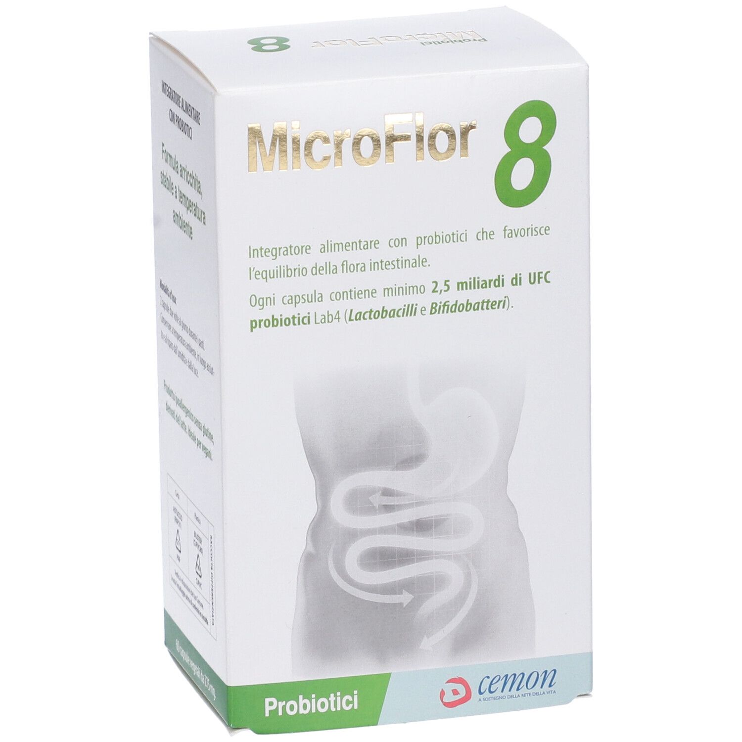 Scatola bianca con nome prodotto 'Microflor 8' in oro. Illustrazione del tratto intestinale. Testo: 'Probiotici', 'Cemon'.