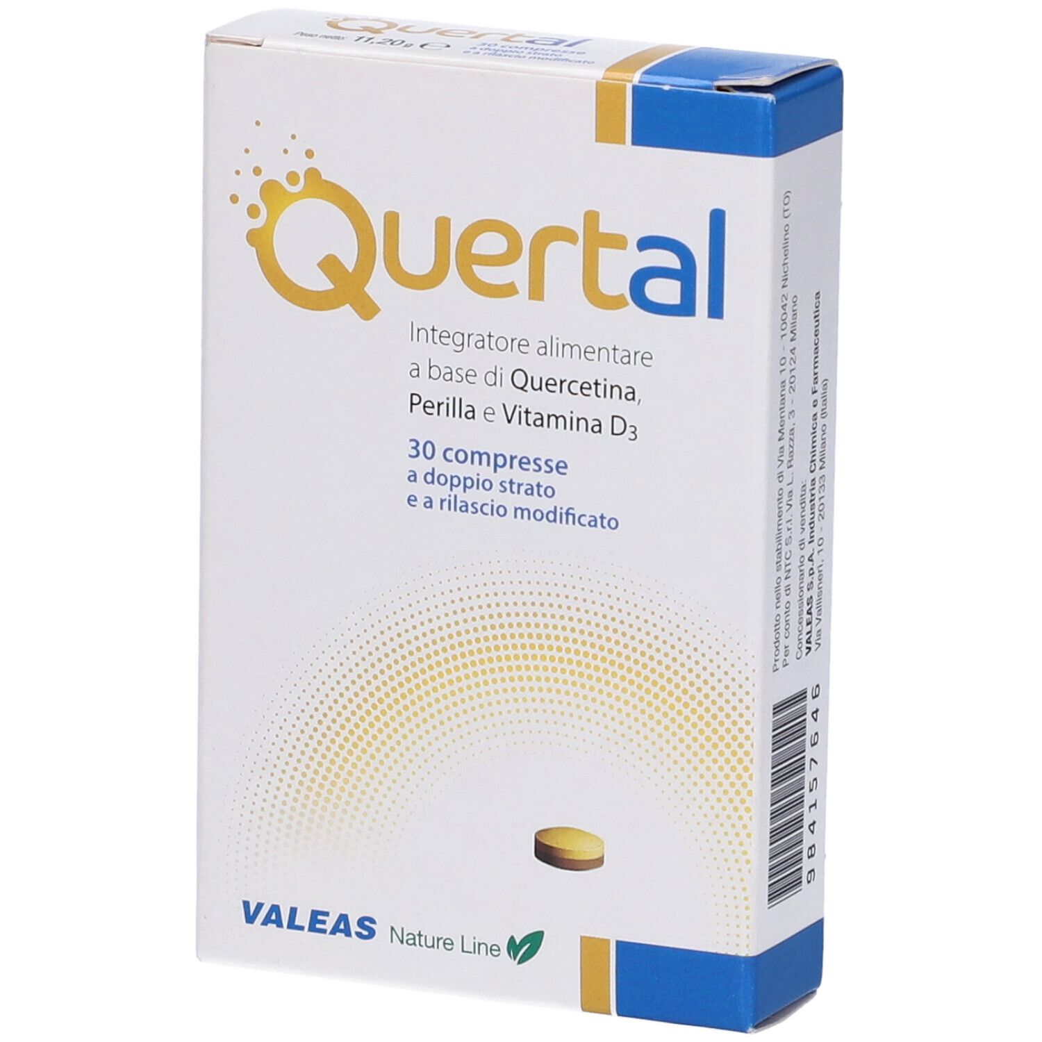 Confezione di compresse Quertal. Scritta: Integratore alimentare, 30 compresse. Marchio: Valeas. Una compressa accanto.