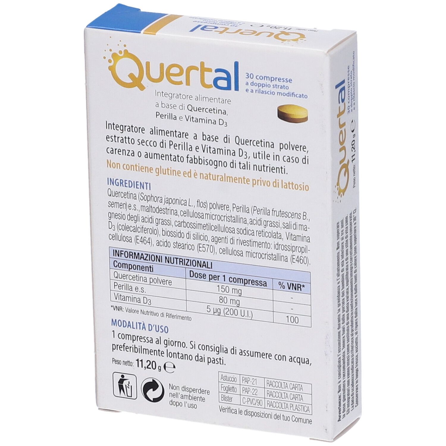 Confezione di compresse Quertal. Retro con ingredienti e informazioni nutrizionali. Marchio: Valeas.