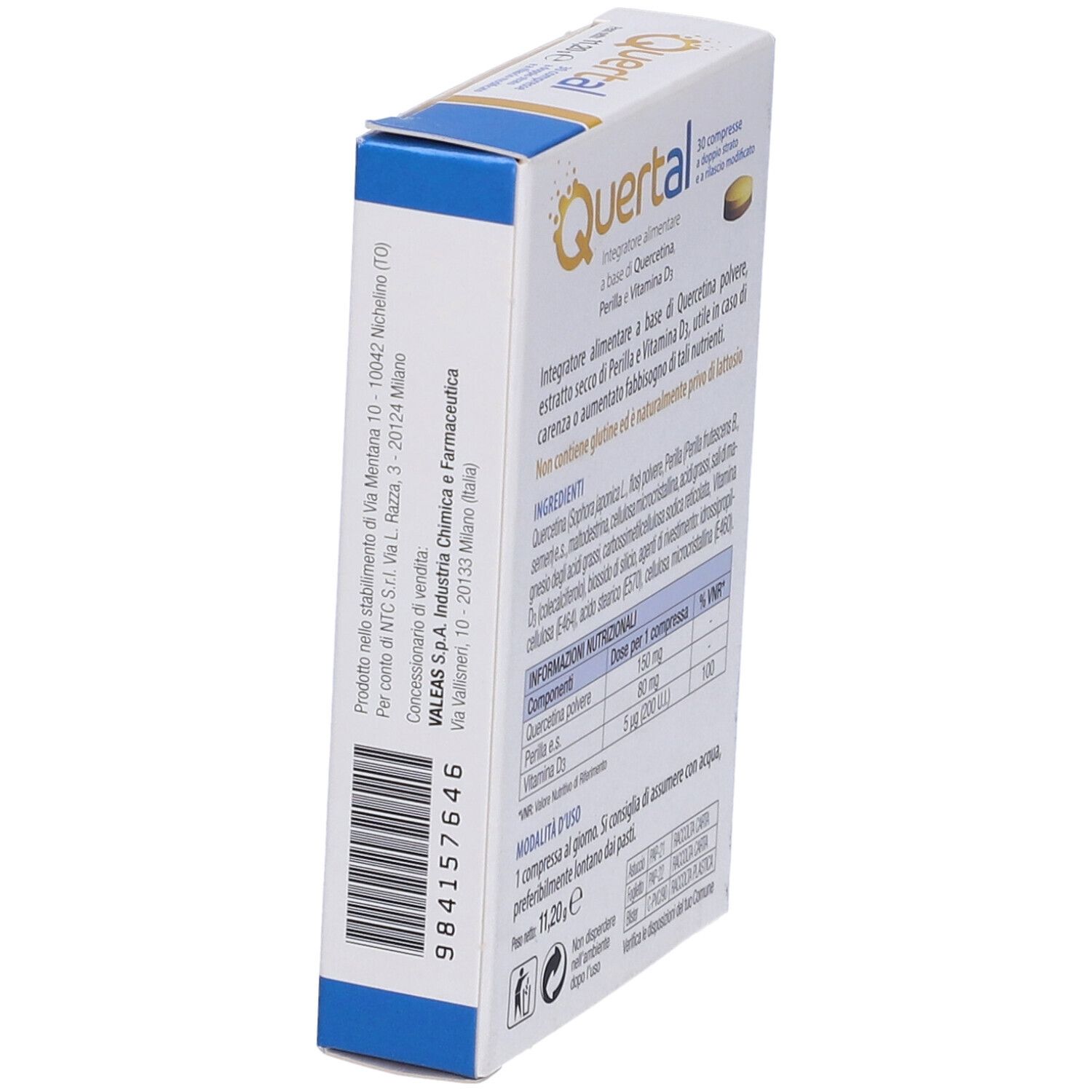 Confezione di compresse Quertal. Lato con codice a barre e informazioni produttore. Marchio: Valeas.