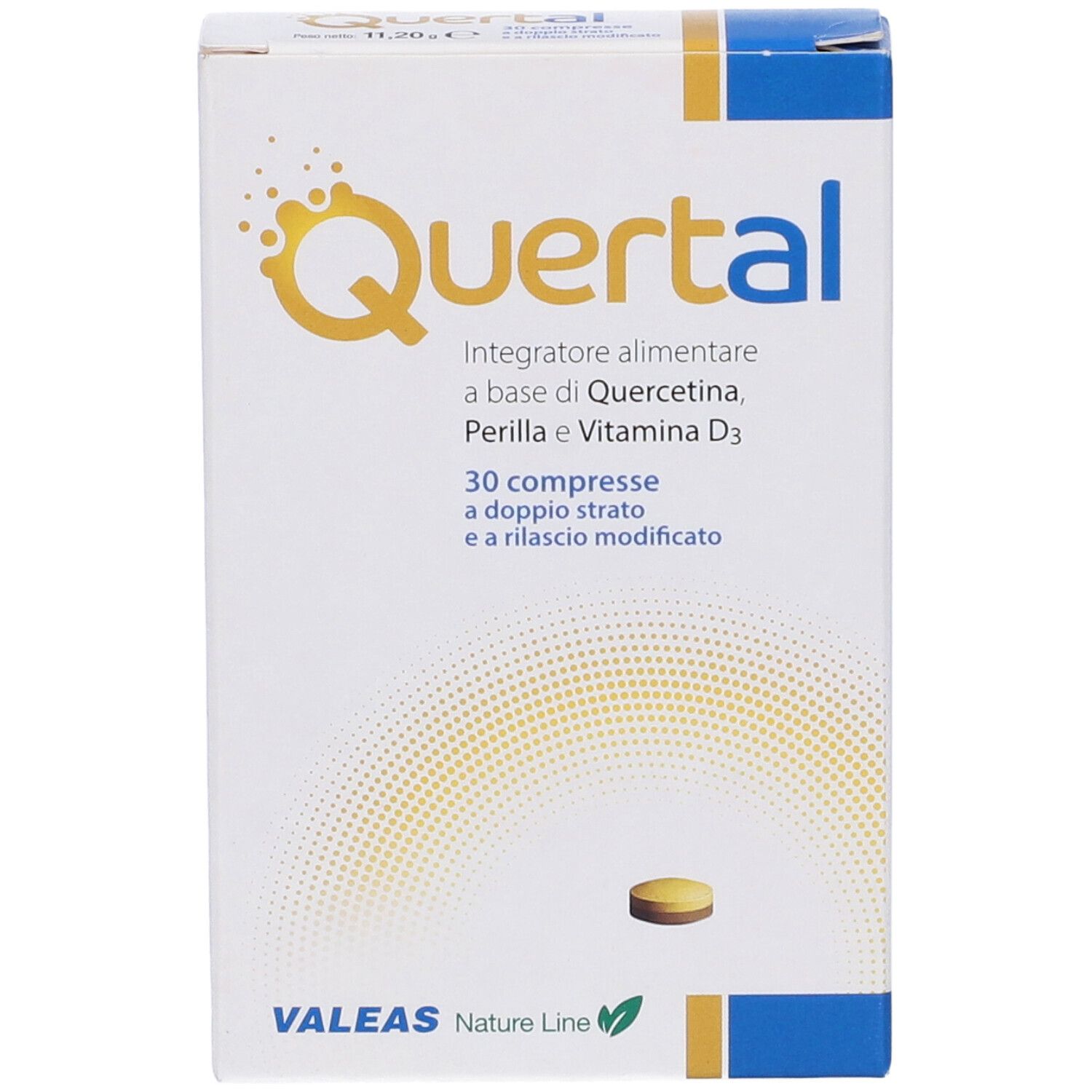 Confezione di compresse Quertal. Scritta: Integratore alimentare, 30 compresse. Marchio: Valeas. Una compressa accanto.