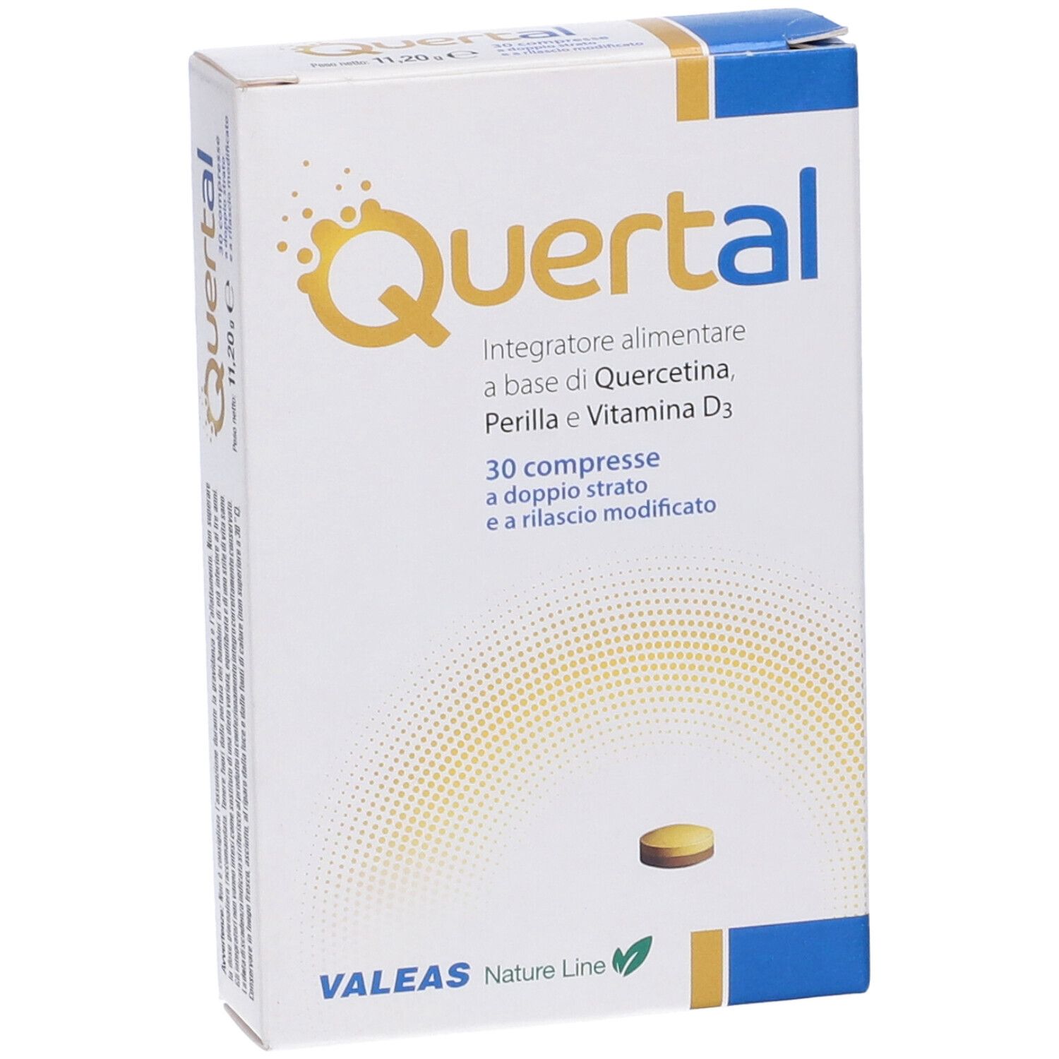 Confezione di compresse Quertal. Scritta: Integratore alimentare, 30 compresse. Marchio: Valeas. Una compressa accanto.