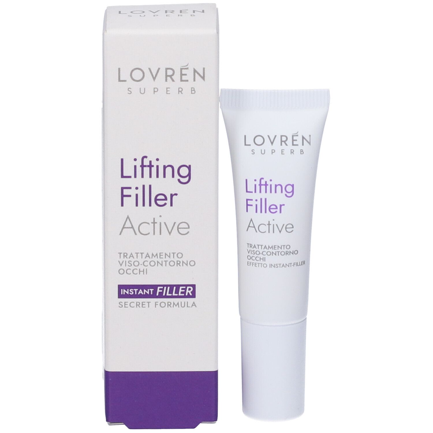Confezione del prodotto con tubo. Scatola bianca con accenti viola. Tubo con stampa "Lifting Filler Active".