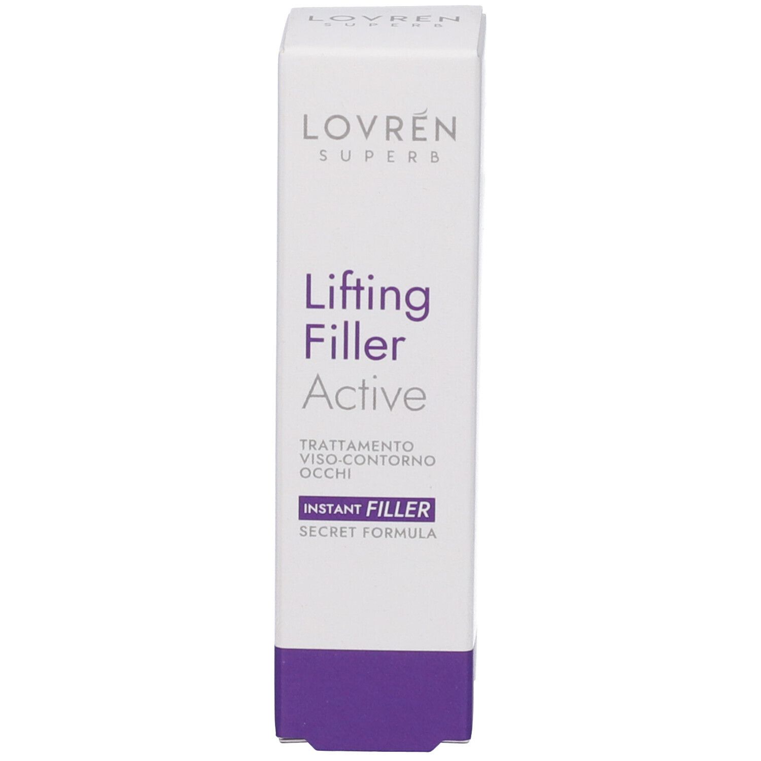 Scatola bianca con base viola. Stampa: "Lovren Superb Lifting Filler Active". Testo: "Instant Filler".