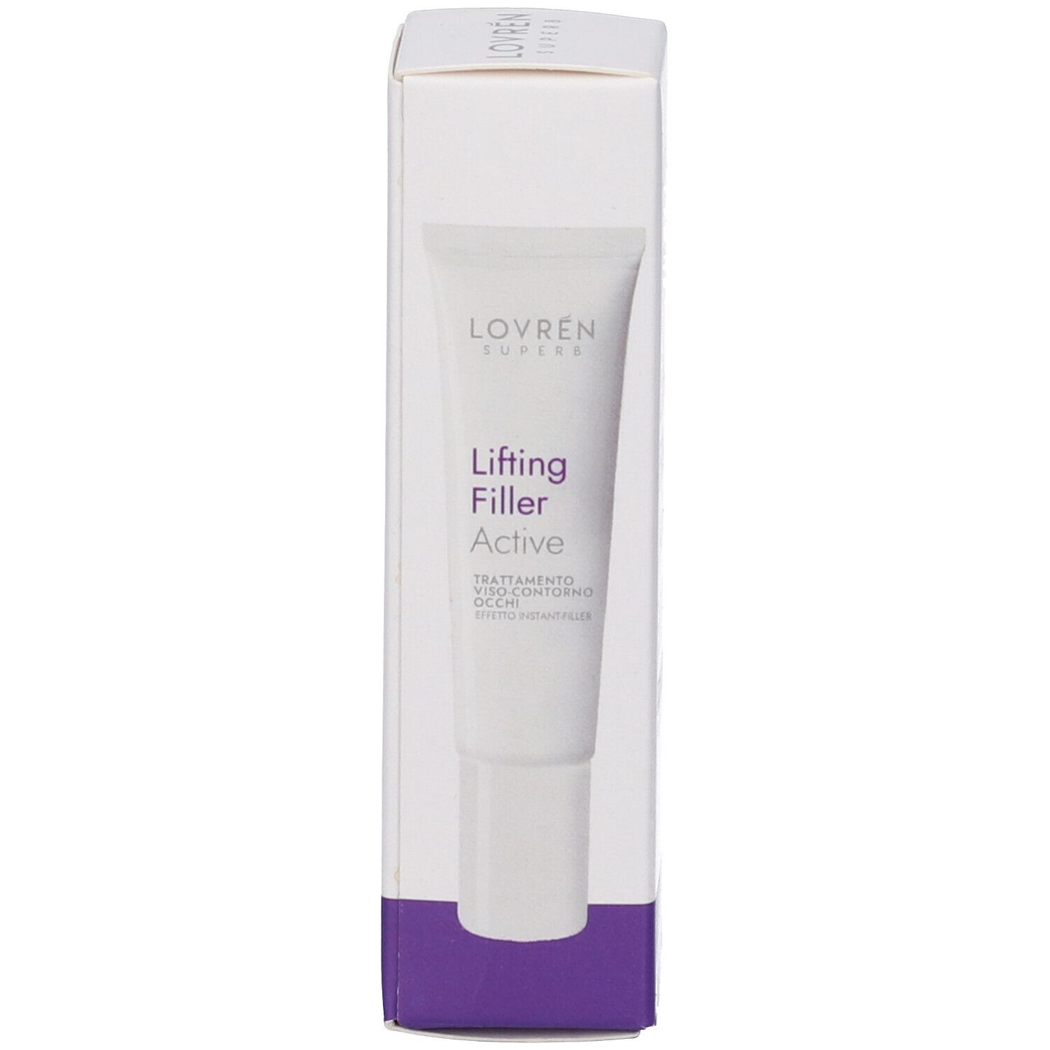 Confezione del prodotto. Scatola bianca con tubo. Stampa: "Lovren Superb Lifting Filler Active".