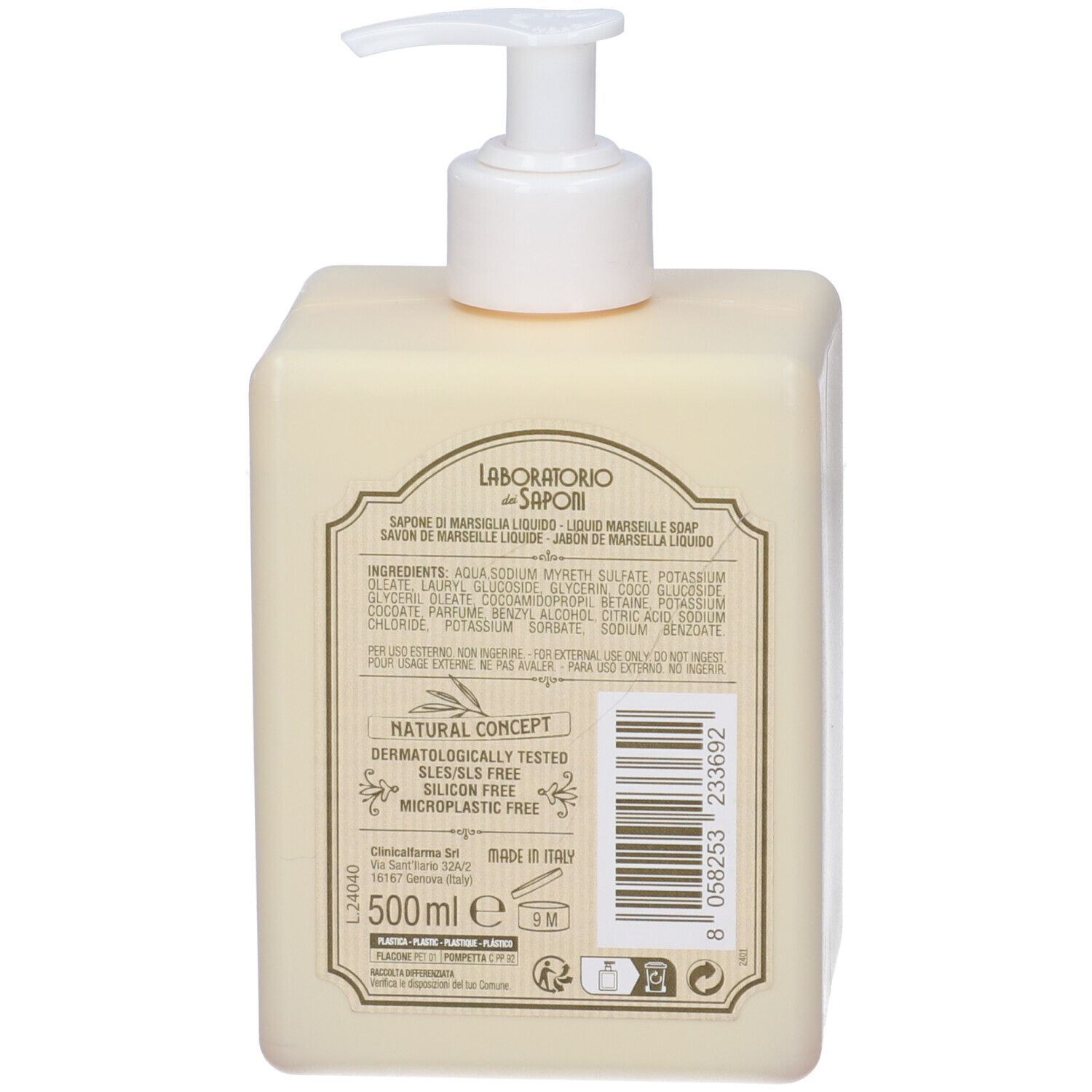Retro del sapone liquido. Etichetta con ingredienti, Natural Concept, dermatologicamente testato, senza glutine, senza silicone.