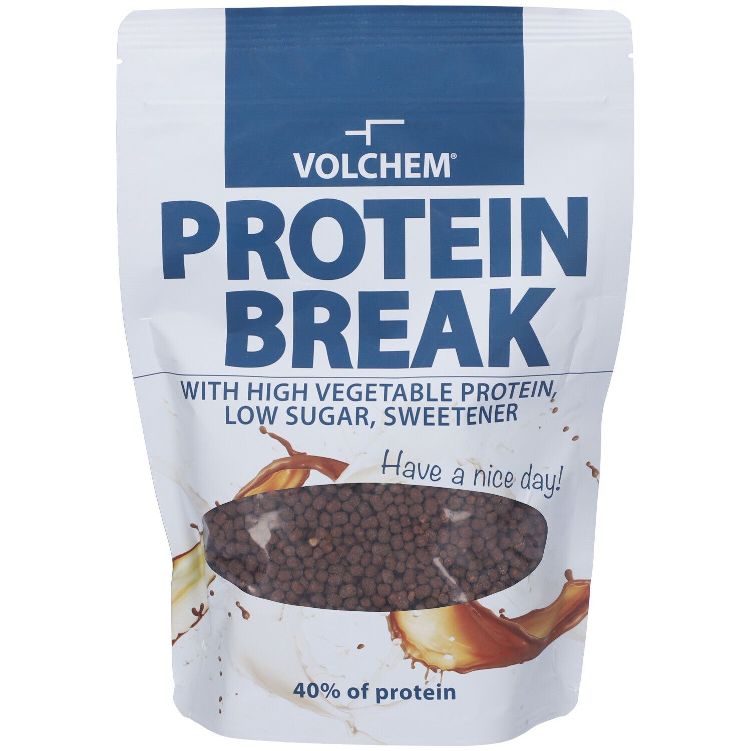 Confezione "PROTEIN BREAK". Prodotto visibile con pezzi di cioccolato. Testo: "WITH HIGH VEGETABLE PROTEIN, LOW SUGAR, SWEETENER".