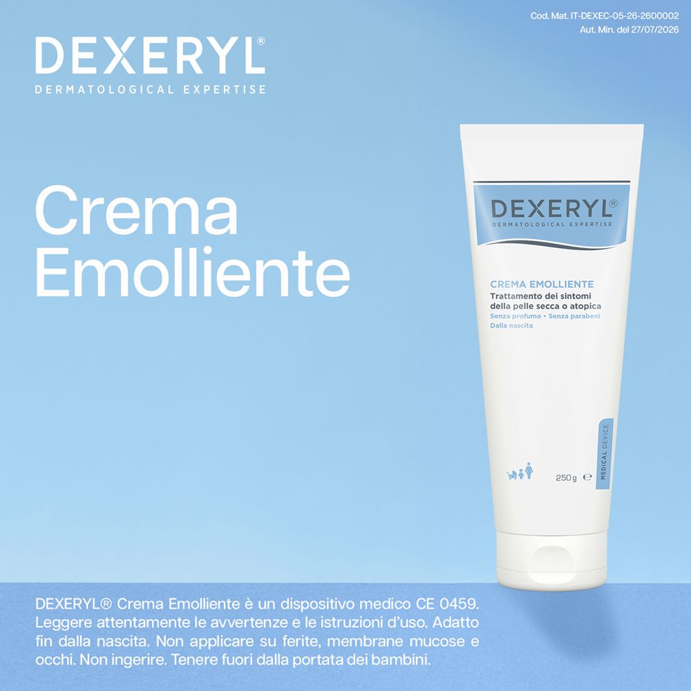 Tubo di Dexeryl Crema Emolliente su sfondo blu con testo.