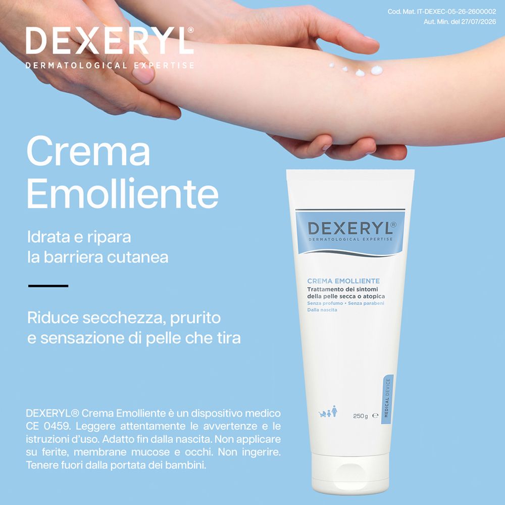 Tubo di Dexeryl Crema Emolliente, vista frontale.