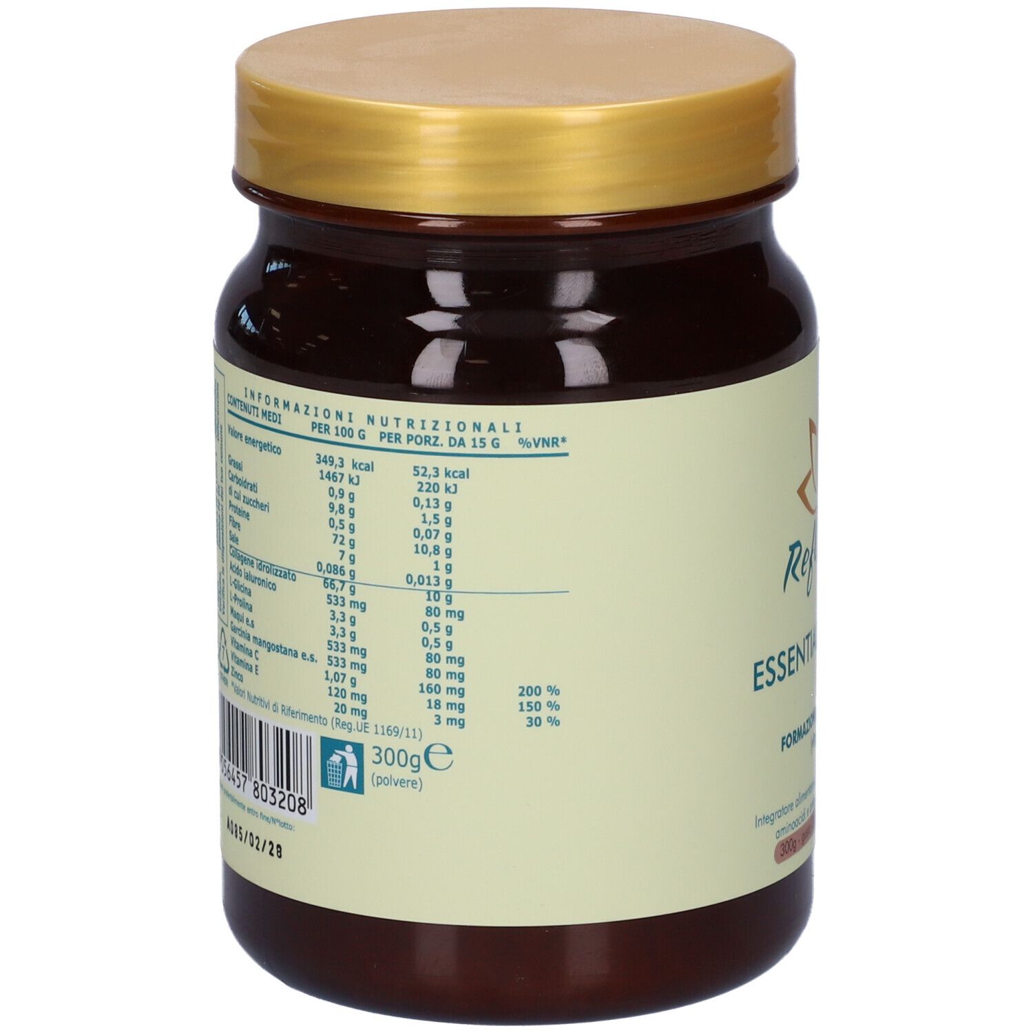 Barattolo marrone con coperchio dorato. Retro con informazioni nutrizionali. Contiene 300g di polvere.