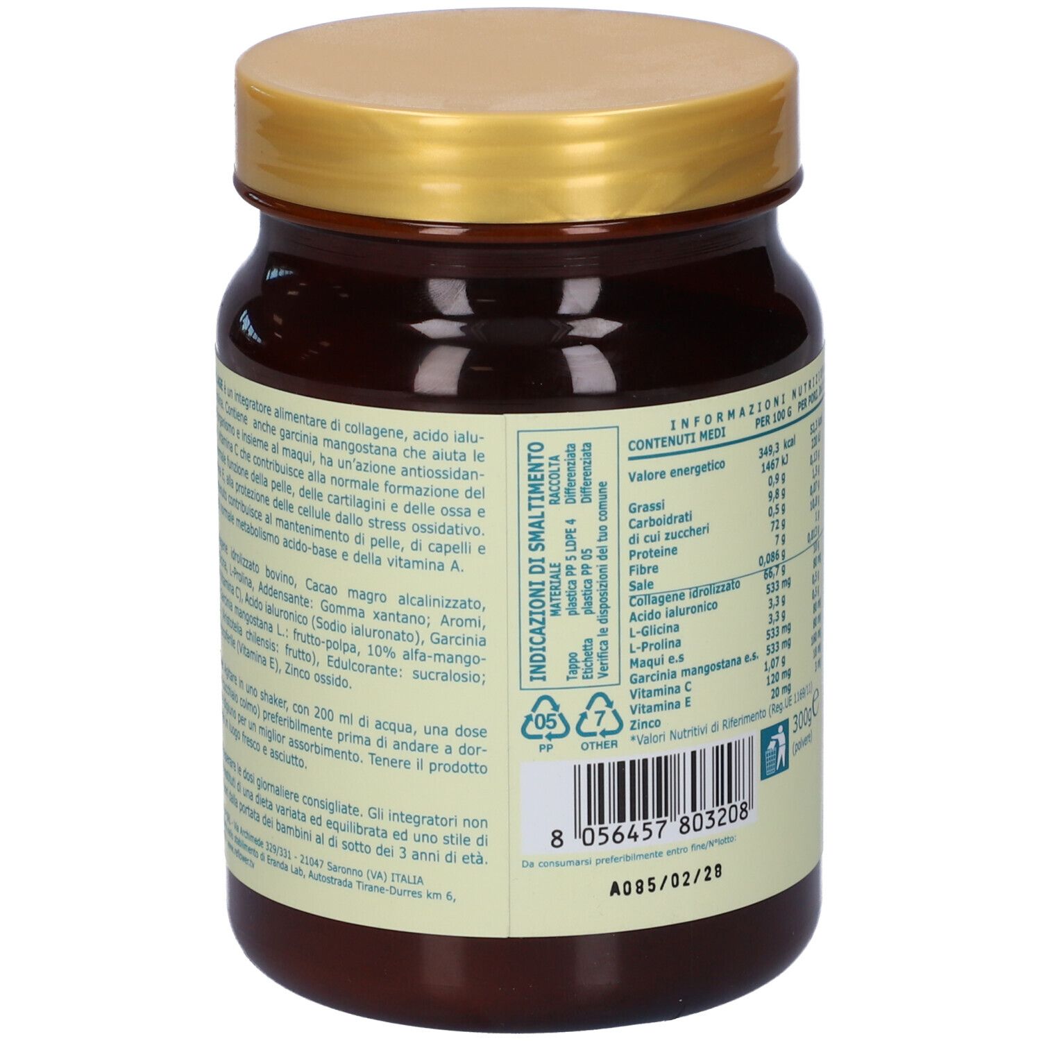 Barattolo marrone con coperchio dorato. Retro con ingredienti e istruzioni per l'uso.