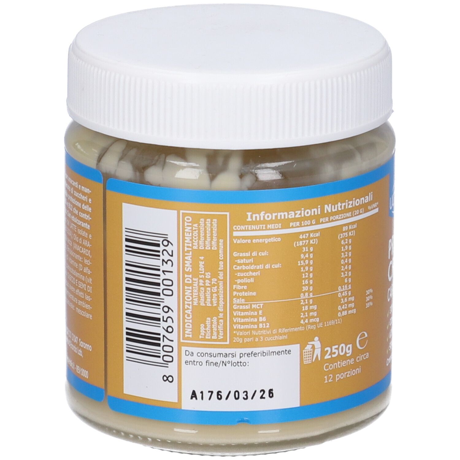 Retro del vaso con coperchio bianco. Etichetta con informazioni nutrizionali. Testo: 250g, 12 porzioni. Da consumarsi preferibilmente entro 03/26.