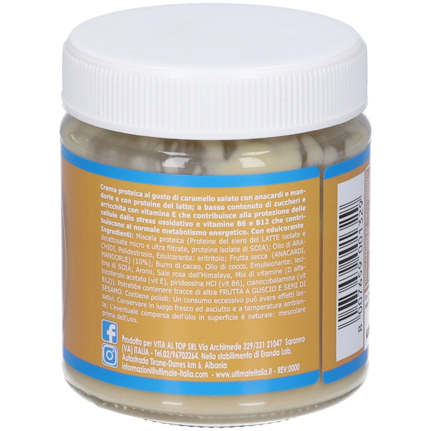 Vaso con coperchio bianco. Etichetta con elenco ingredienti e contatti. Testo: Creme proteica al gusto di caramello salato.