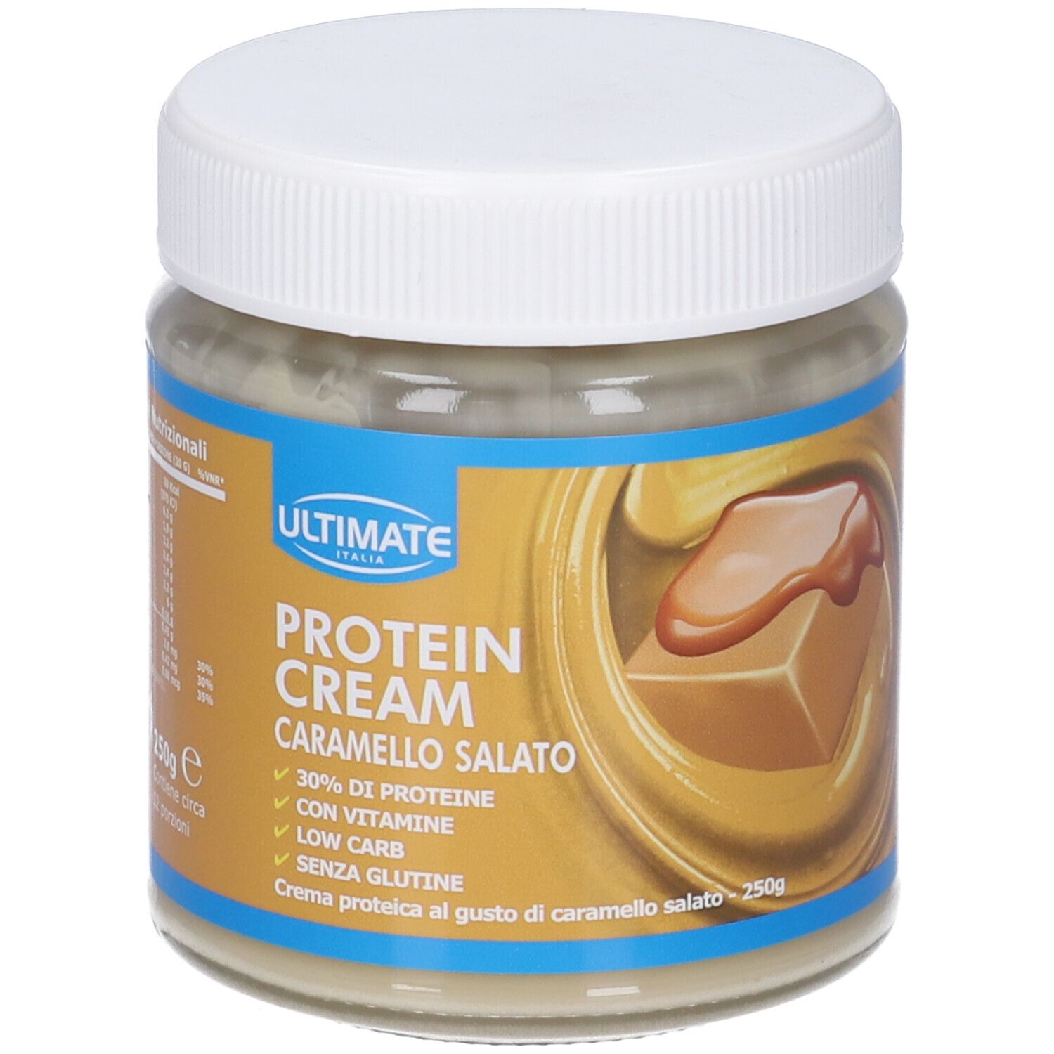 Vaso con coperchio bianco. Etichetta con informazioni sul prodotto. Testo: ULTIMATE, PROTEIN CREAM, Caramello Salato. 250g, 12 porzioni.