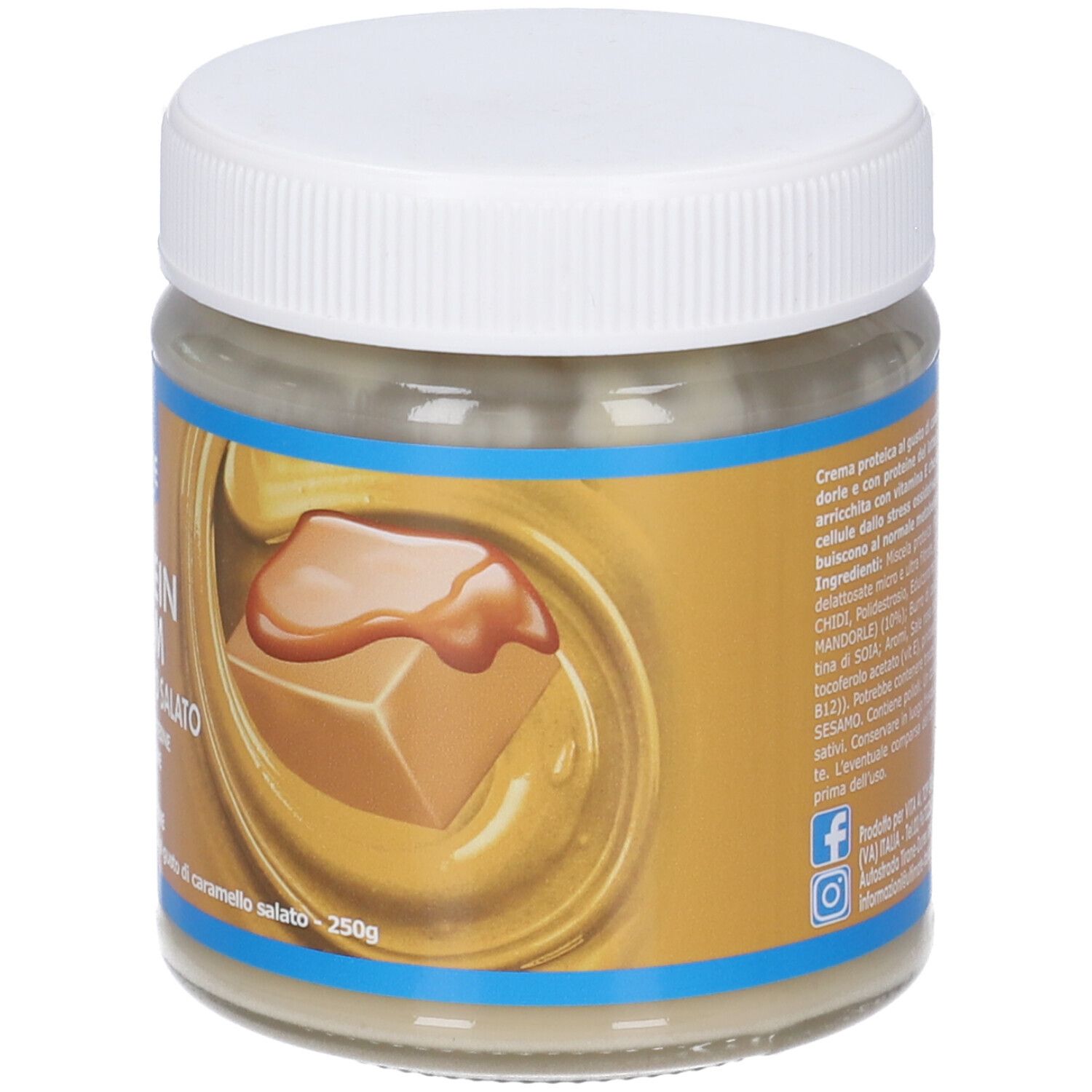 Vaso con coperchio bianco. Etichetta con informazioni sul prodotto. Testo: ULTIMATE, PROTEIN CREAM, Caramello Salato. 250g.