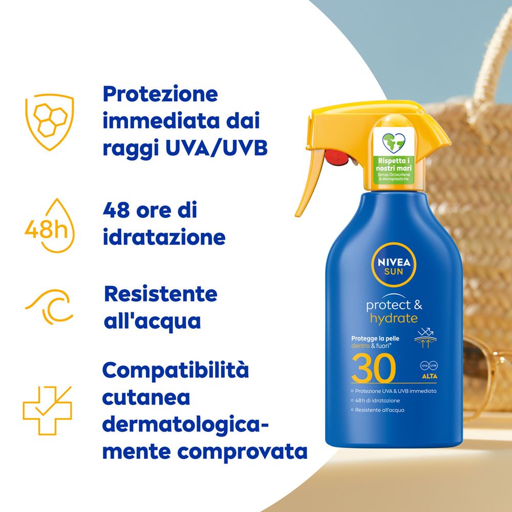 Nivea Sun Spray Solare Protect & Hydrate SPF30 270 ml, Crema solare 30 idratante per 48 ore