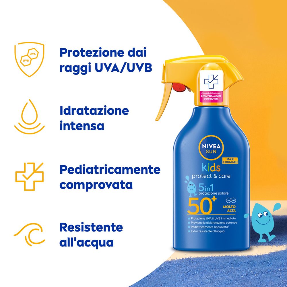 Nivea Sun Spray Solare Kids Protect & Care FP50+ 270 ml, Crema solare per bambini waterproof