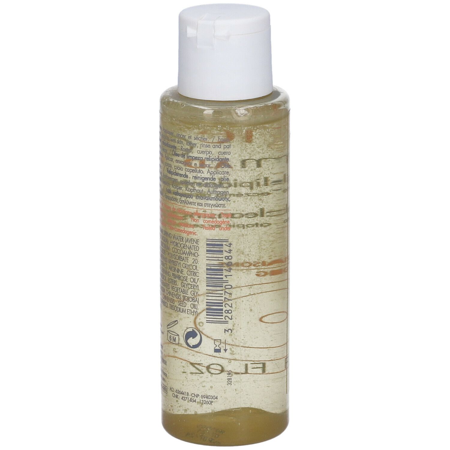 Flacone trasparente con tappo bianco. Scritta e codice a barre. Prodotto: Avène XeraCalm A.D. Olio lavante relipidante.