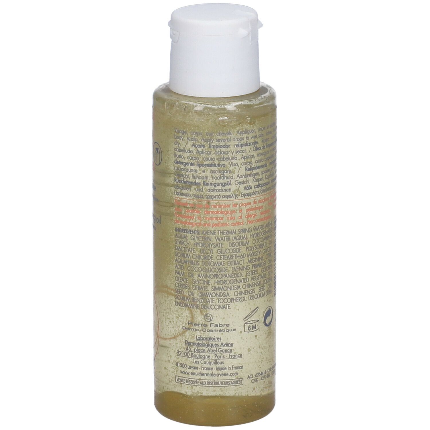 Retro del flacone trasparente con tappo bianco. Informazioni e ingredienti. Avène XeraCalm A.D. Olio lavante relipidante.