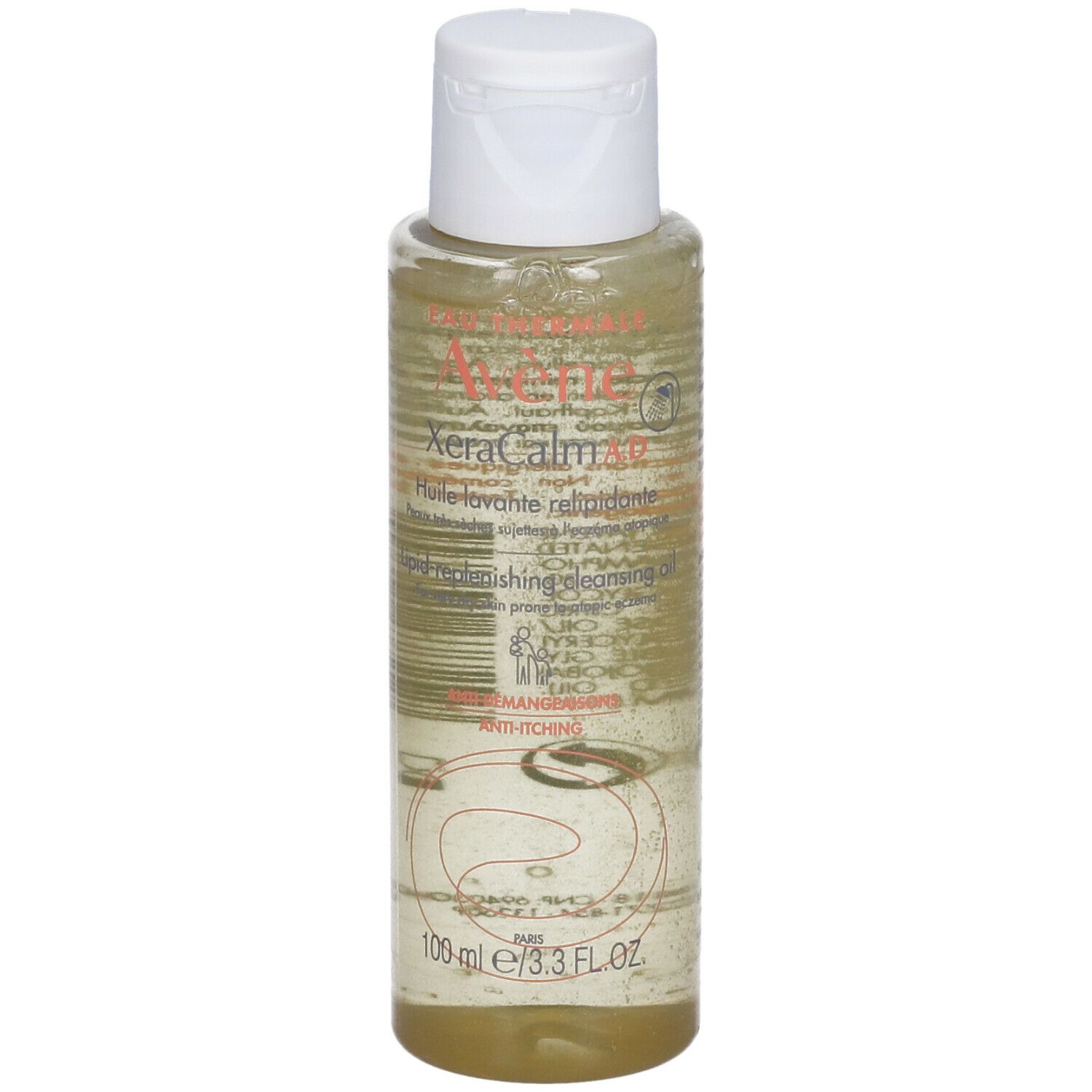 Flacone trasparente con tappo bianco. Scritta: Avène XeraCalm A.D. Olio lavante relipidante. Anti-prurito. 100 ml.