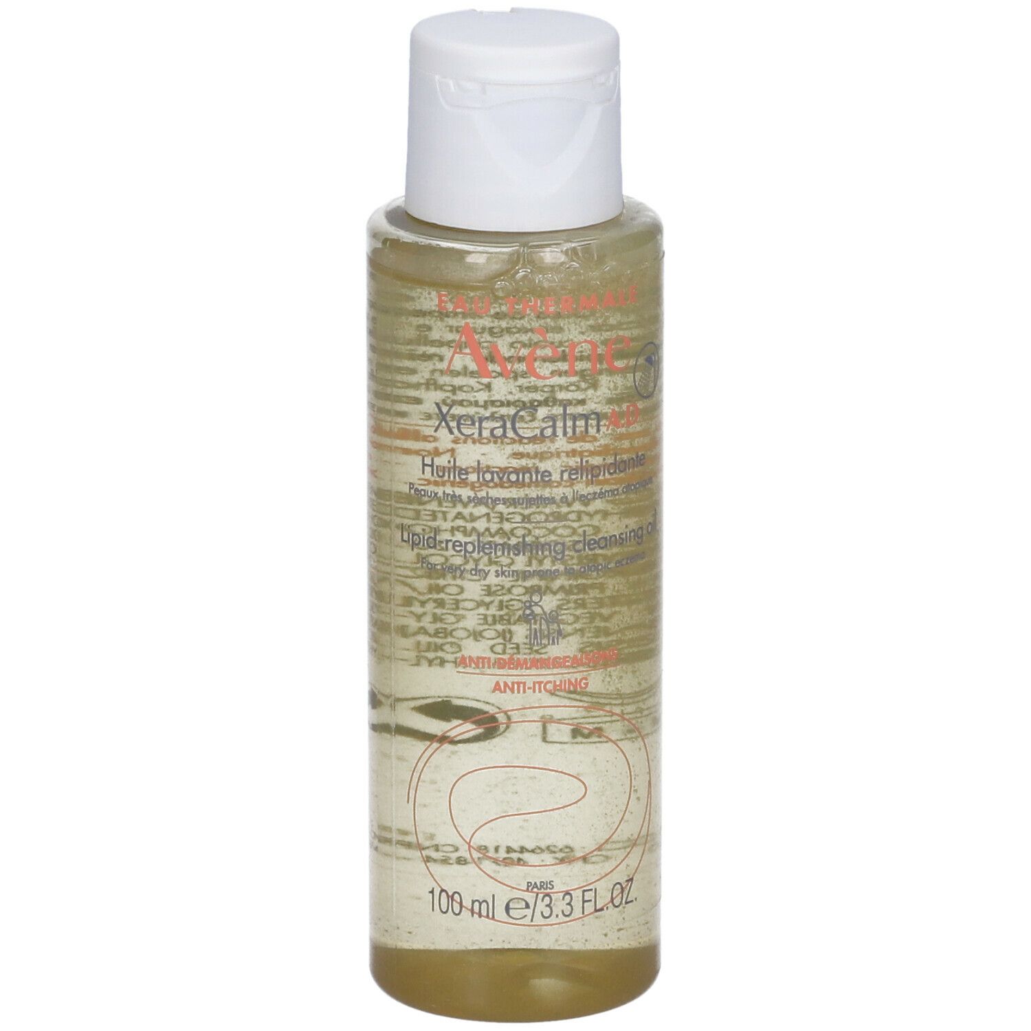 Flacone trasparente con tappo bianco. Scritta: Avène XeraCalm A.D. Olio lavante relipidante. Anti-prurito. 100 ml.