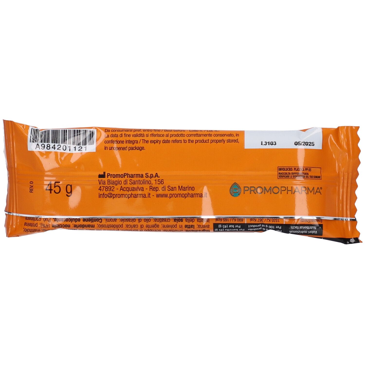 Barretta proteica Senza Copertura. Retro della confezione con informazioni, peso 45g e data di scadenza.