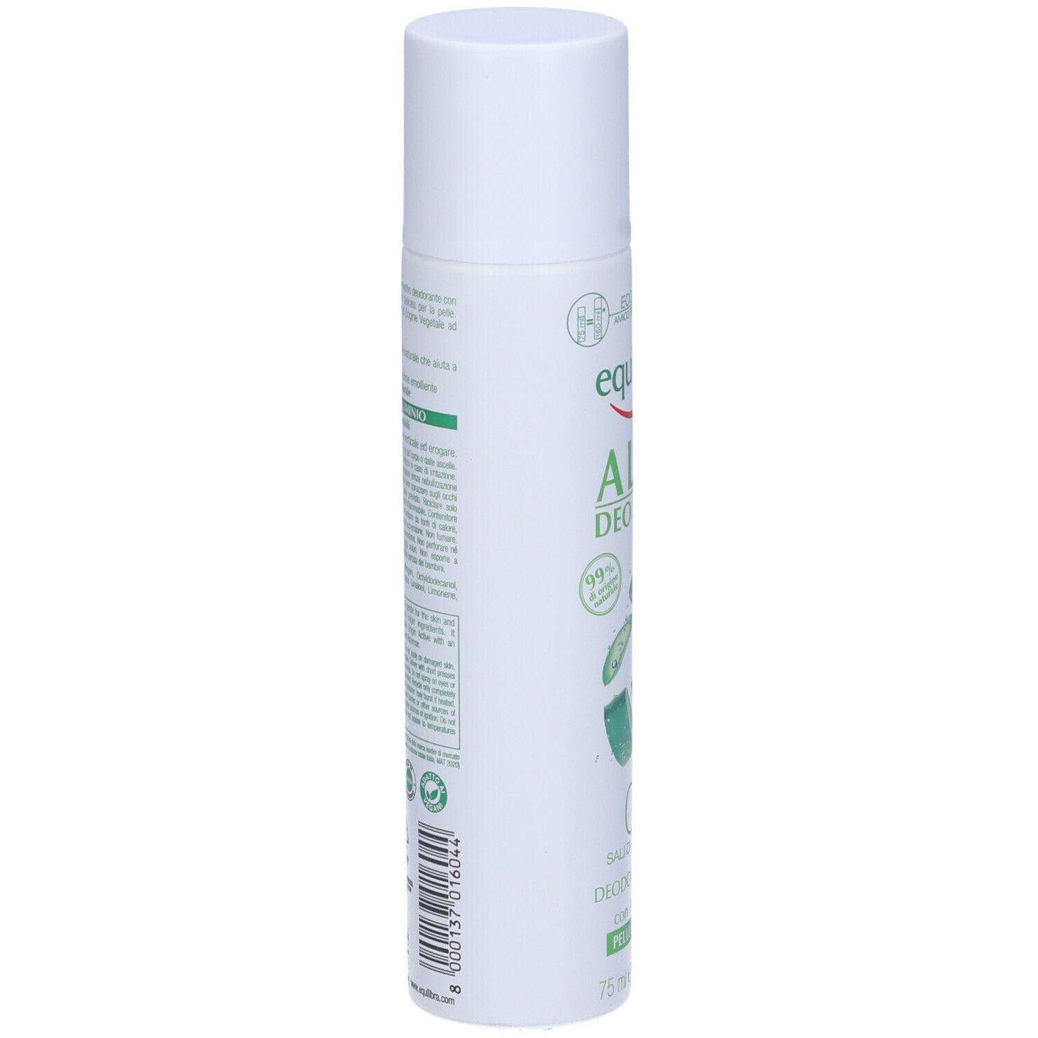 Spray deodorante bianco. Retro con testo e codice a barre. Contiene informazioni sugli ingredienti e il produttore. Marchio ambientale.
