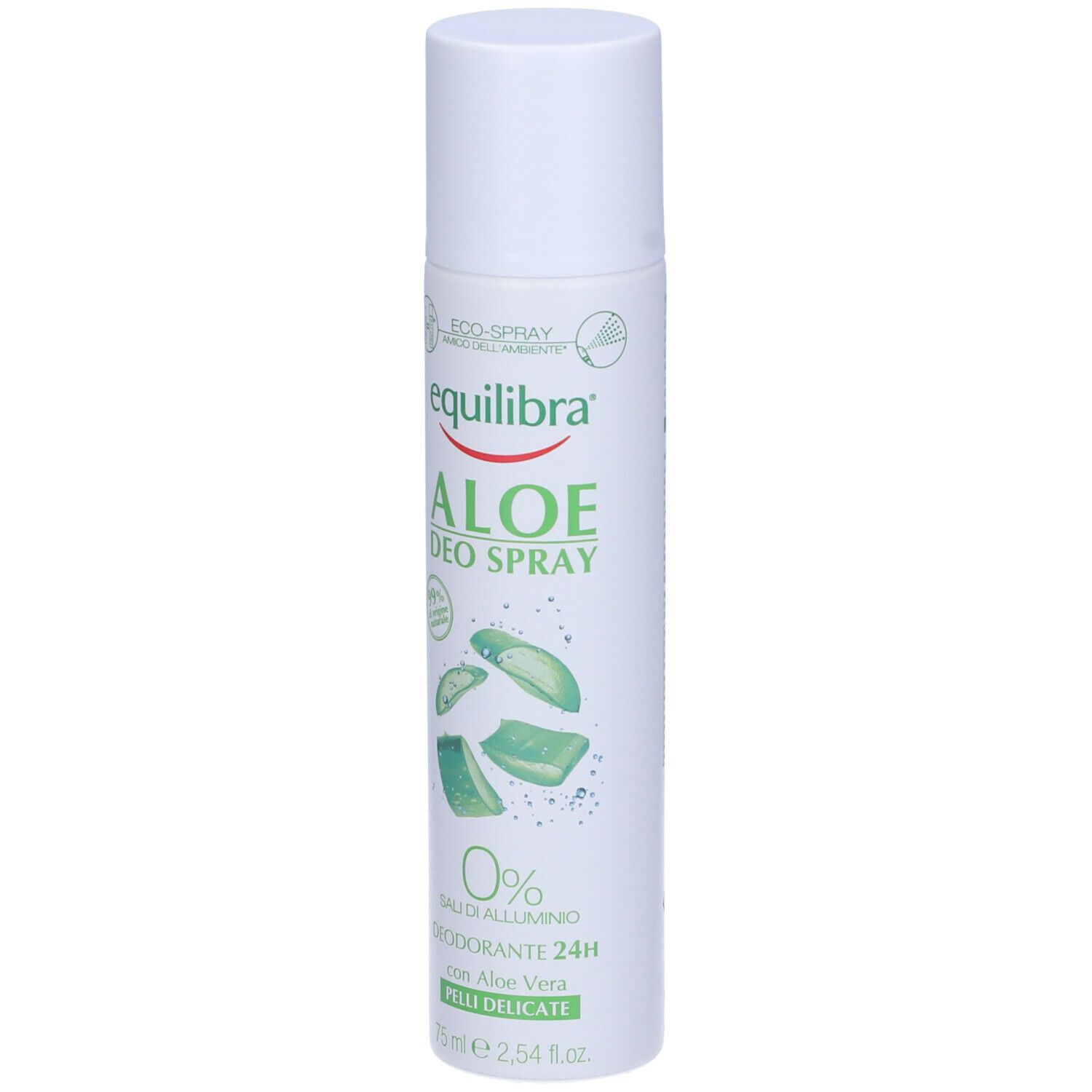 Spray deodorante bianco. Scritta: Equilibra Aloe Deo Spray. Illustrazione di foglie di aloe vera. 0% sali di alluminio. Per pelli delicate.