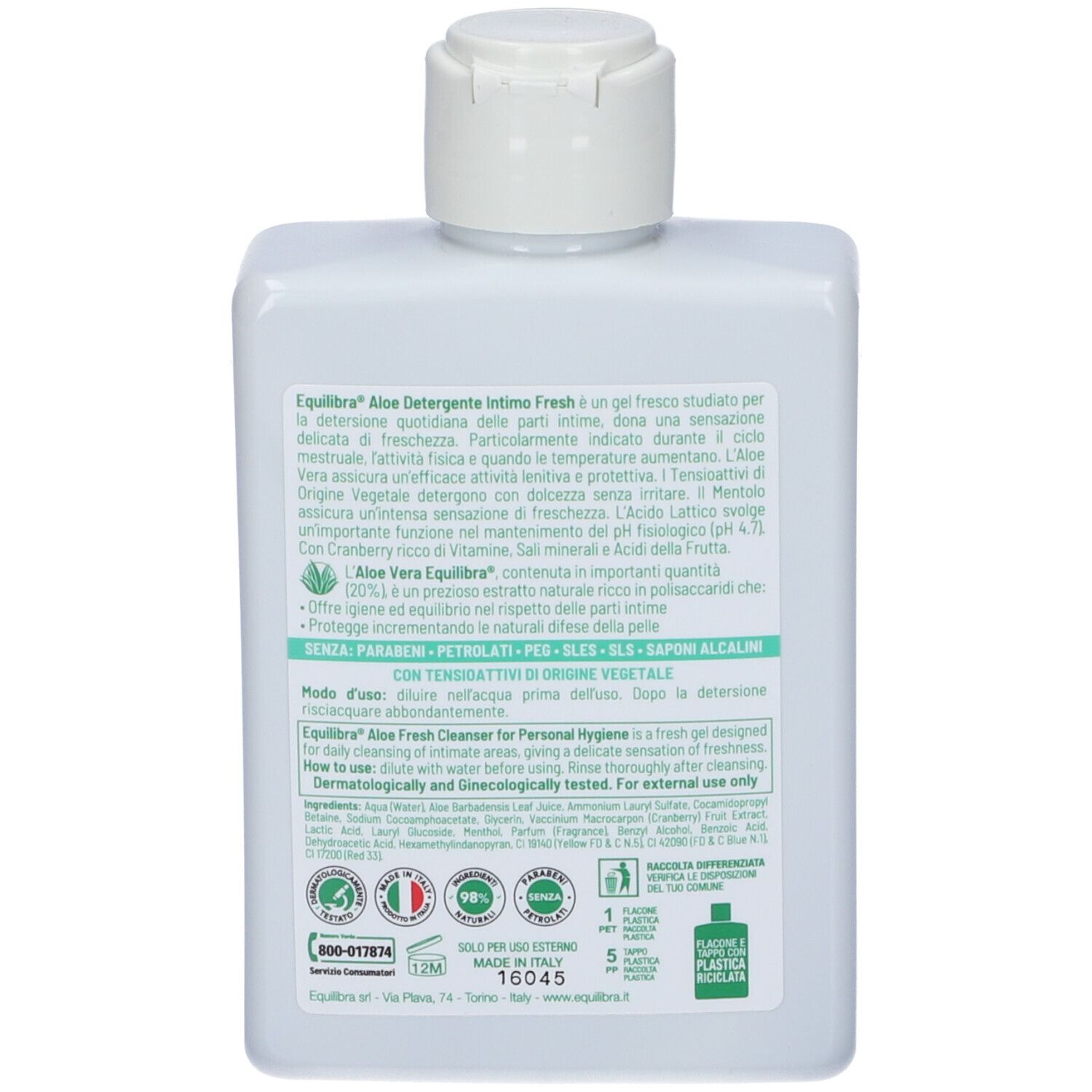 Retro del flacone bianco. Testo in italiano. Contiene informazioni sul prodotto e sugli ingredienti. Con certificazioni.