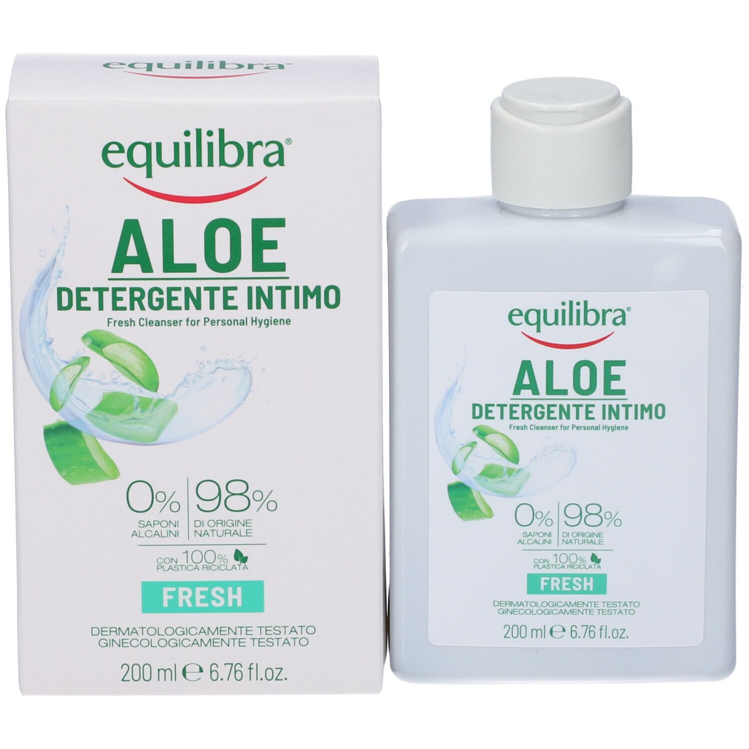 Confezione e flacone del prodotto. Confezione: bianca con scritta verde e illustrazione aloe. Flacone: bianco con tappo bianco. Nome prodotto: Equilibra ALOE.