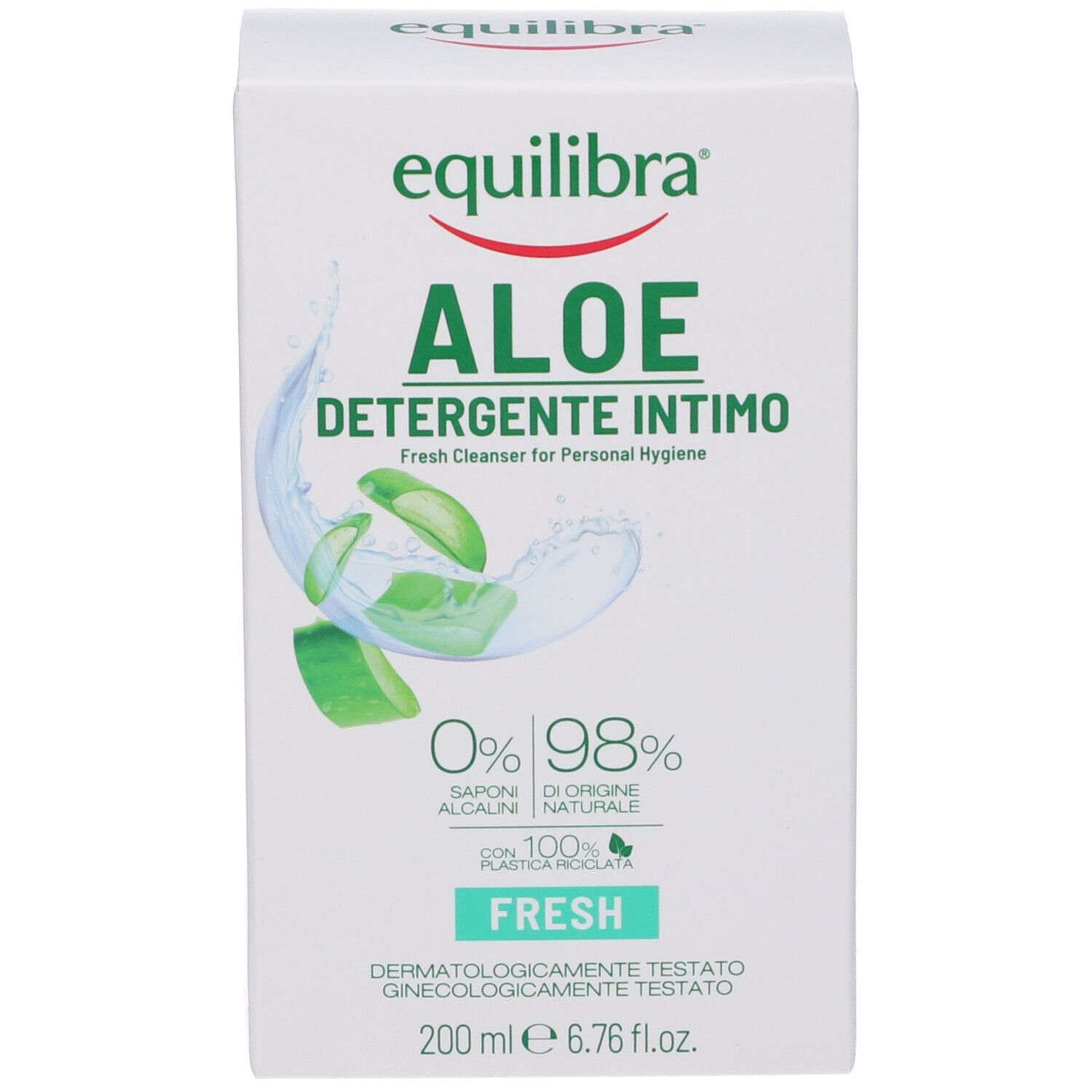Confezione bianca del prodotto. Scritta: Equilibra ALOE DETERGENTE INTIMO FRESH. Illustrazione foglia di aloe. 0% saponi alcalini, 98% naturali. 200 ml.
