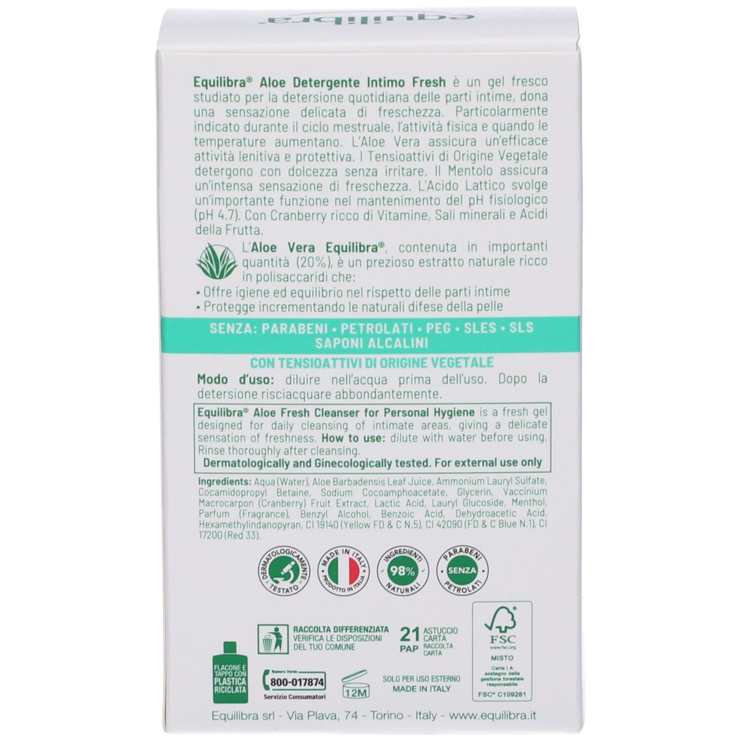 Retro della confezione del prodotto. Testo in italiano. Contiene informazioni sul prodotto e sugli ingredienti. Con certificazioni.