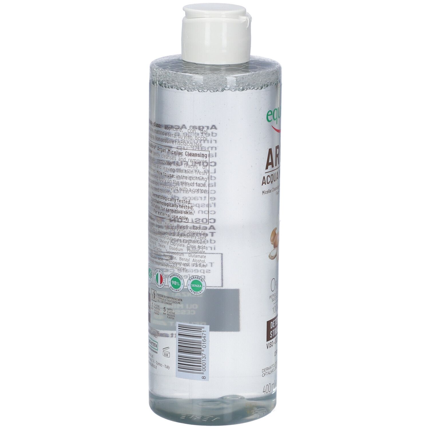 Flacone trasparente con tappo bianco. Retro con testo e codice a barre. Prodotto per pelli secche.