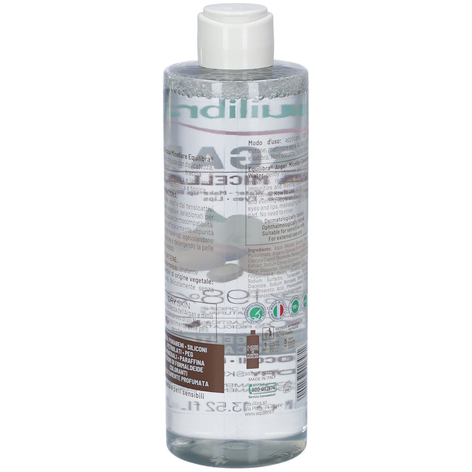 Flacone trasparente con tappo bianco. Retro con testo e informazioni sul prodotto. Per pelli secche.