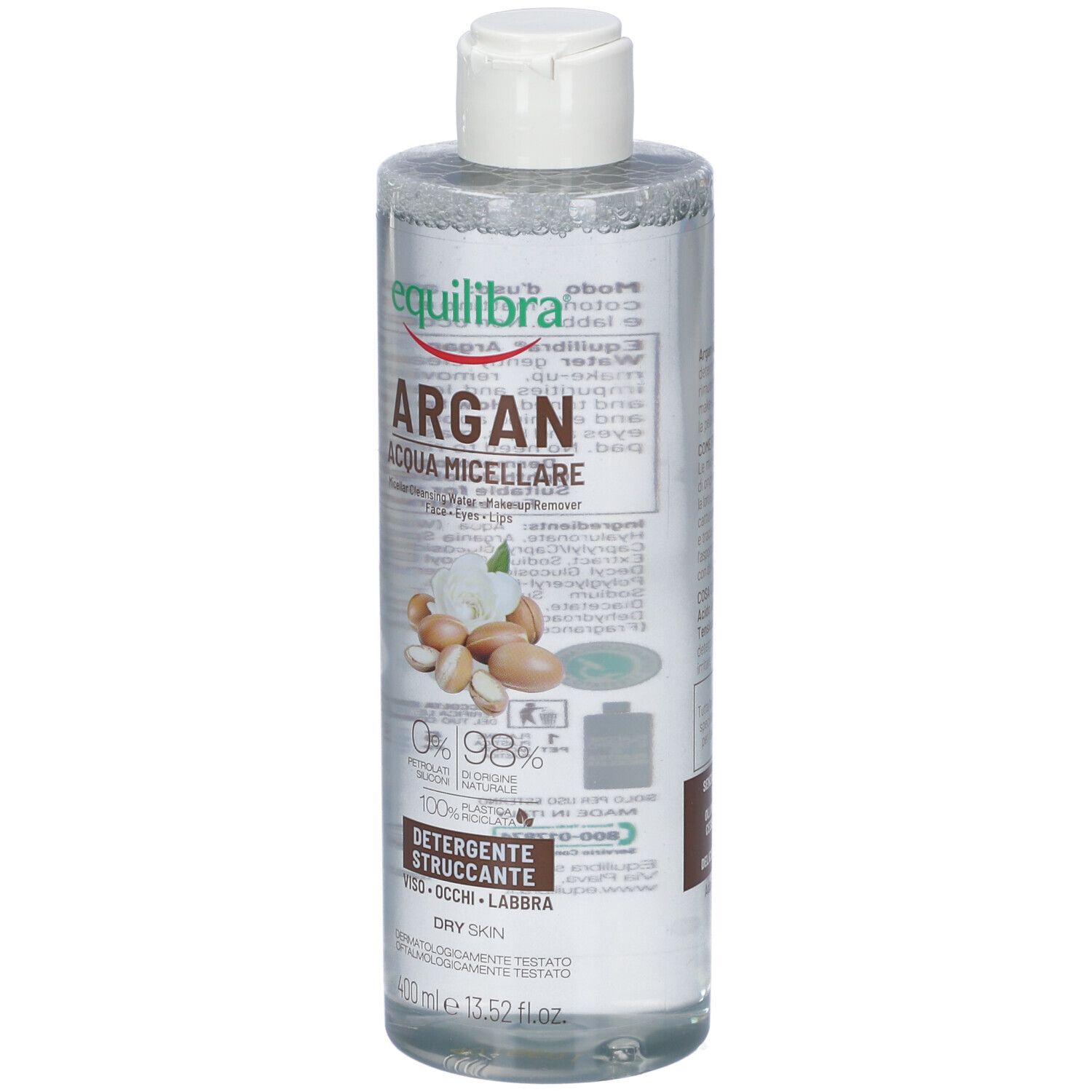Flacone trasparente con tappo bianco. Etichetta con nome prodotto, illustrazione argan e testo. Per pelli secche.