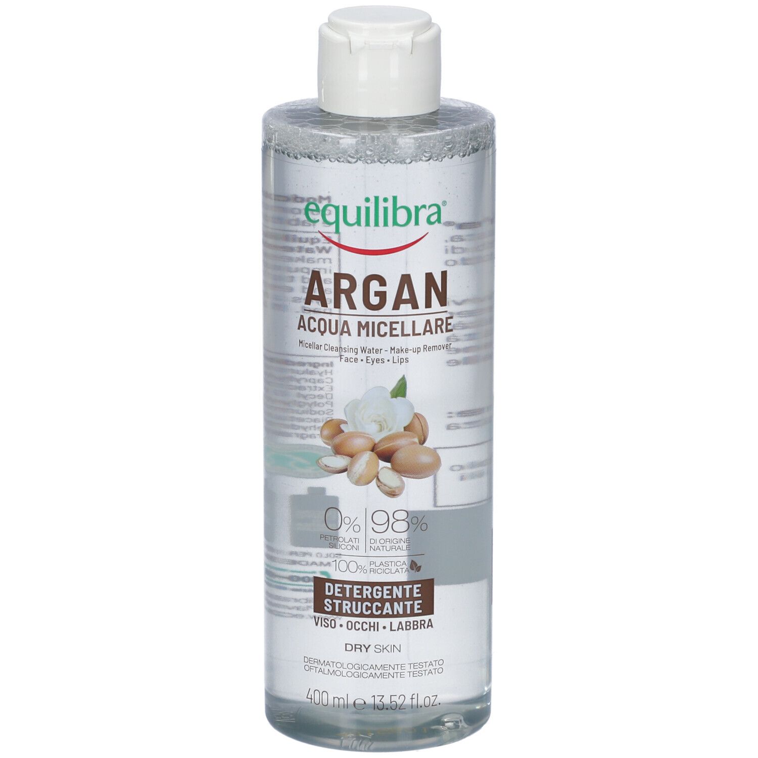 Flacone trasparente con tappo bianco. Etichetta con nome prodotto, illustrazione argan e testo. Per pelli secche.