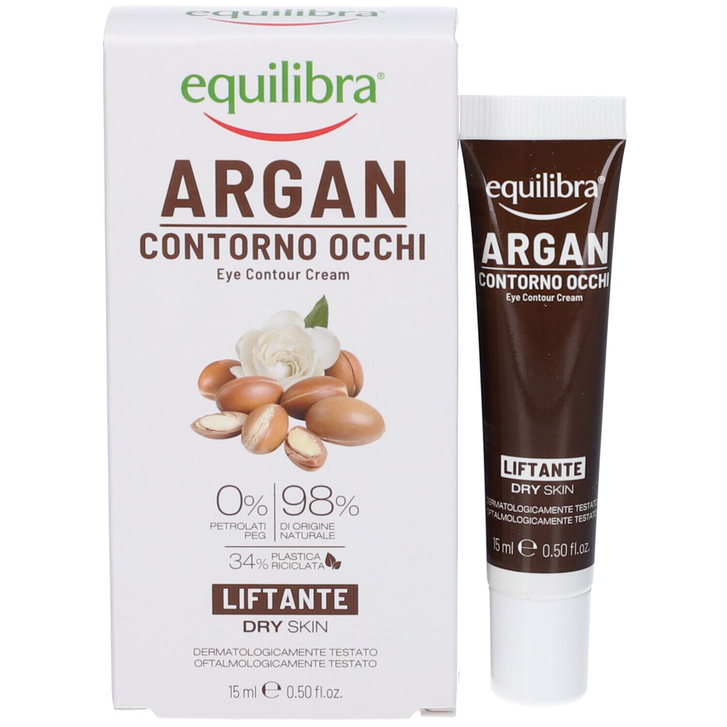 Confezione e tubo. Confezione: bianca con scritta Equilibra Argan Contorno Occhi. Tubo: marrone con tappo bianco.