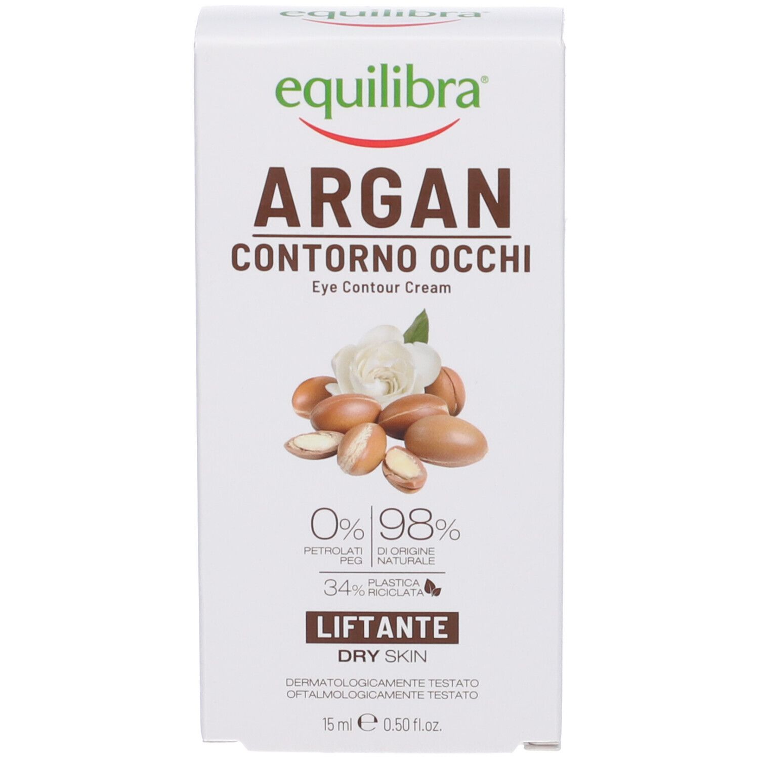 Confezione bianca con scritta Equilibra Argan Contorno Occhi. Immagine di noci di argan e fiori.