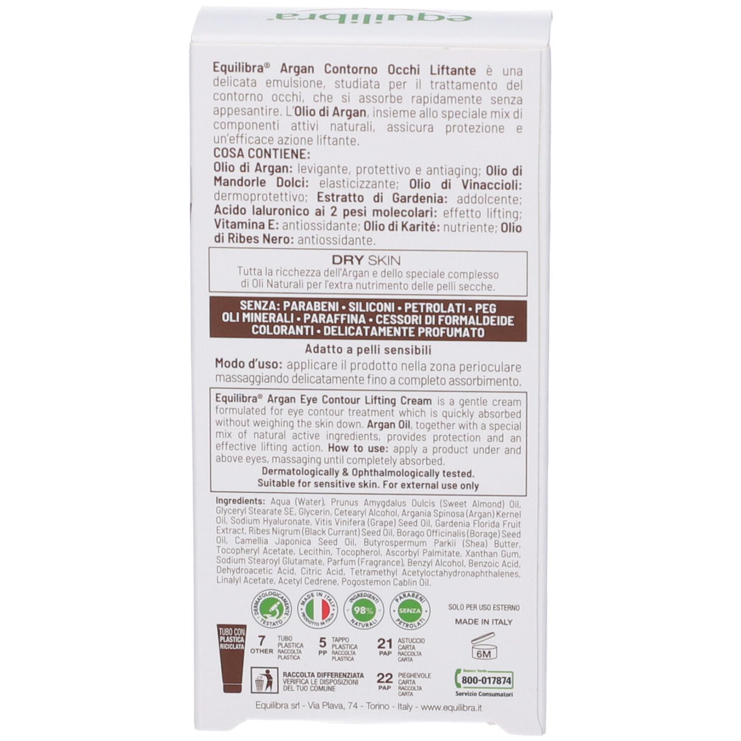 Confezione con testo e ingredienti. Testo: Equilibra Argan Contorno Occhi. Ingredienti elencati.