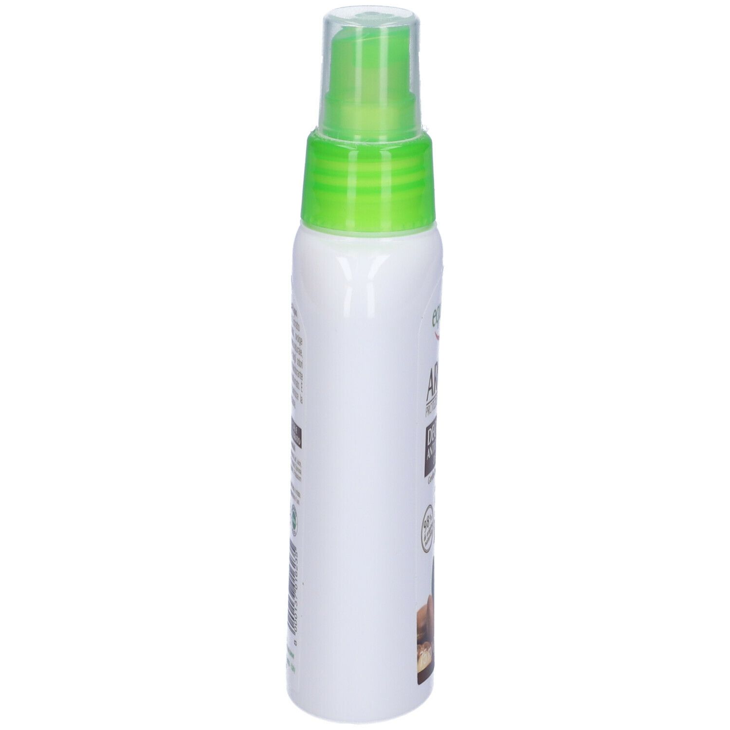 Spray deodorante bianco con erogatore verde. Vista laterale. Dettagli del testo e immagine di noci di Argan.