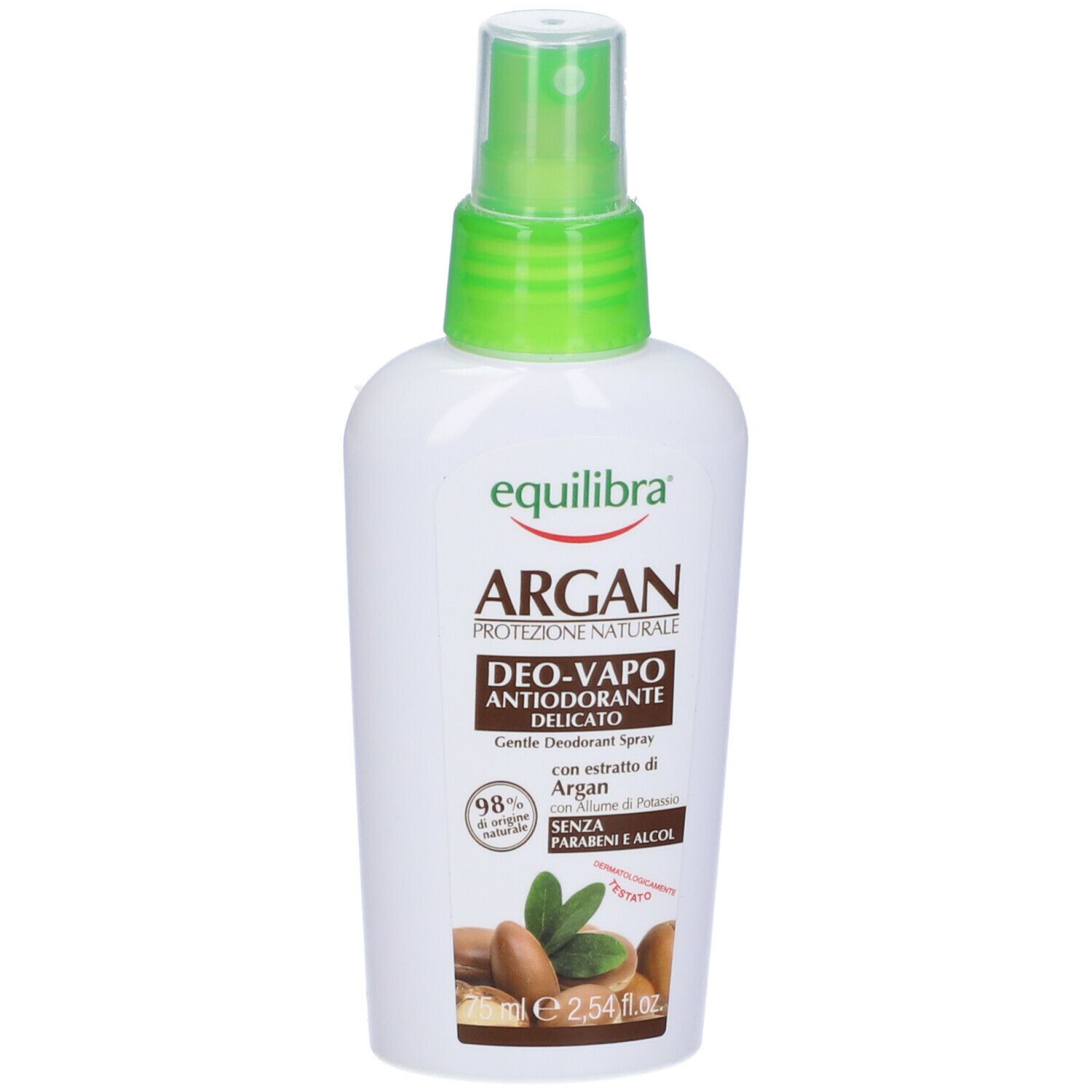 Spray deodorante bianco con erogatore verde. Scritte: Equilibra, Argan Deo-vapo, senza parabeni e alcool. Immagine di noci di Argan.