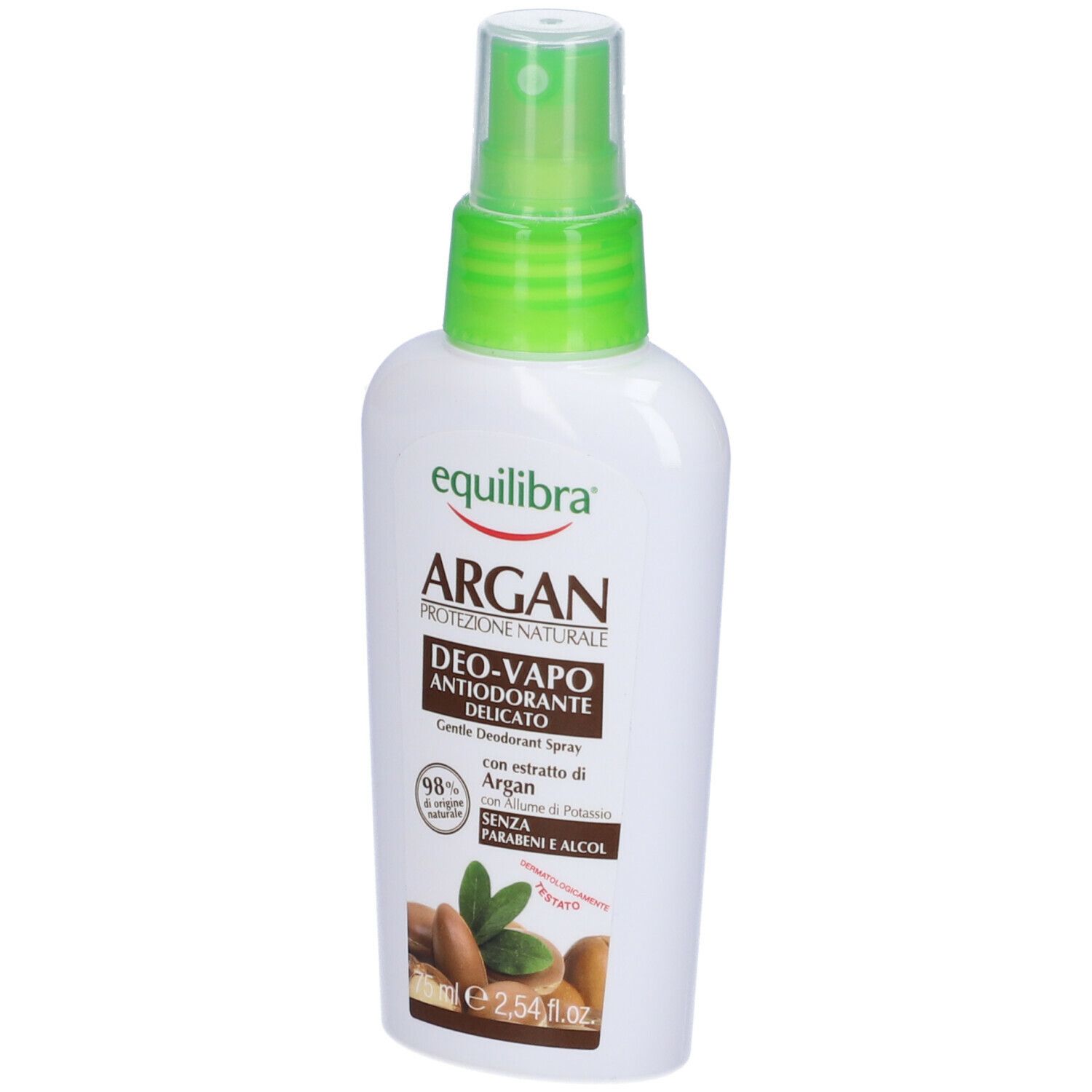 Spray deodorante bianco con erogatore verde. Scritte: Equilibra, Argan Deo-vapo, senza parabeni e alcool. Immagine di noci di Argan.
