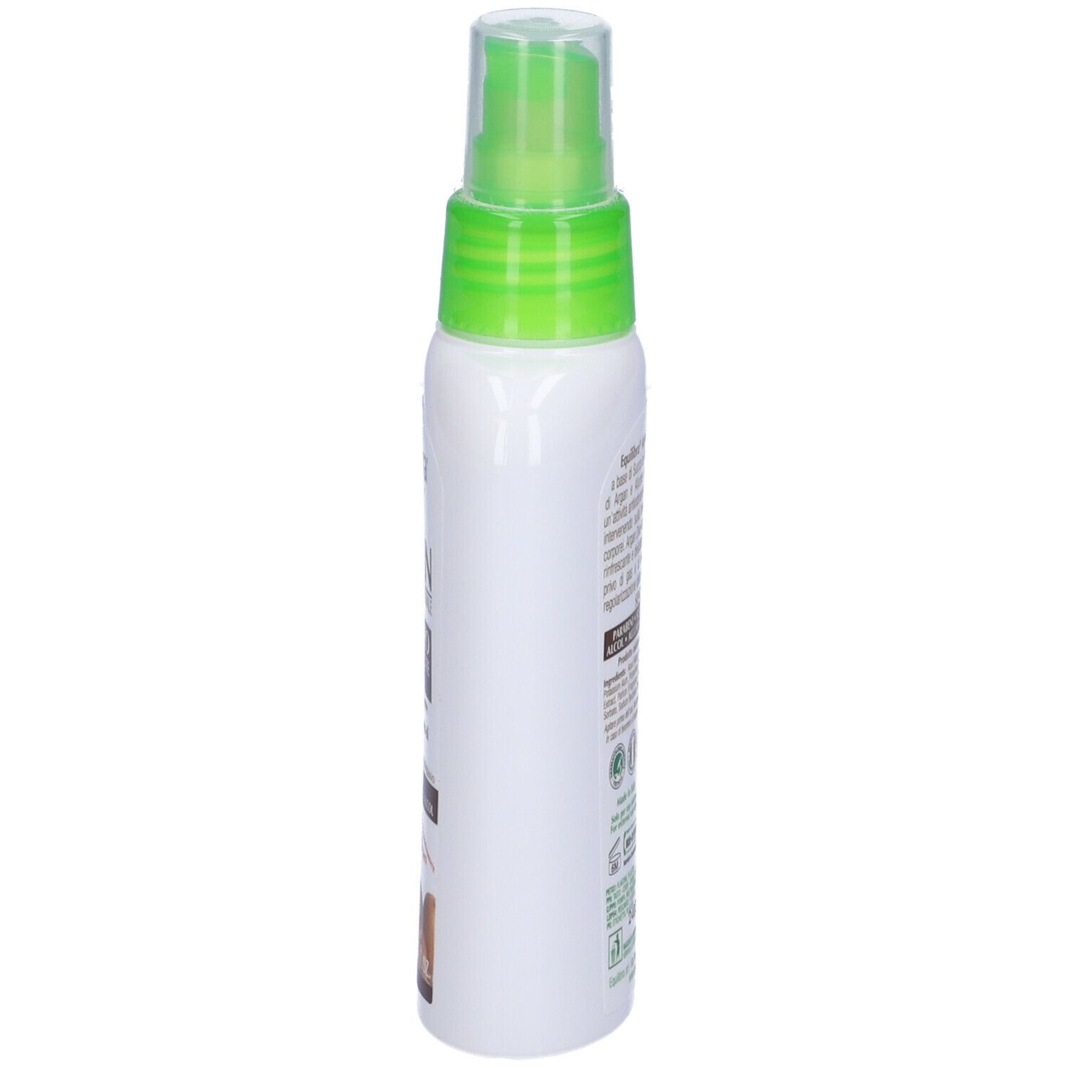 Spray deodorante bianco con erogatore verde. Vista laterale. Dettagli del testo e immagine di noci di Argan.